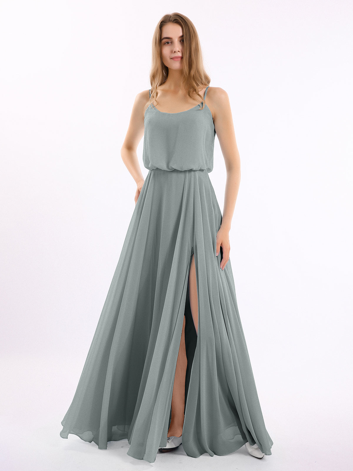 BABARONI Spaghetti Strap Scoop Chiffon Dresses with Slit Steel Grey, Steel Grey / US0