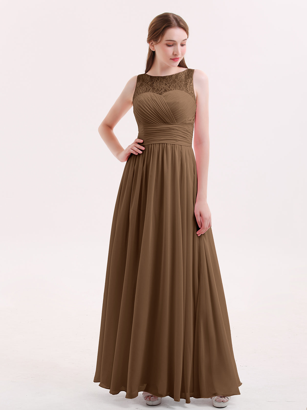 BABARONI Illusion Neck Chiffon and Lace Long Dresses-Brown Plus Size, Brown / US18 BABARONI Illusion Neck Chiffon and Lace Long Dresses-Brown Plus Size, Brown / US18