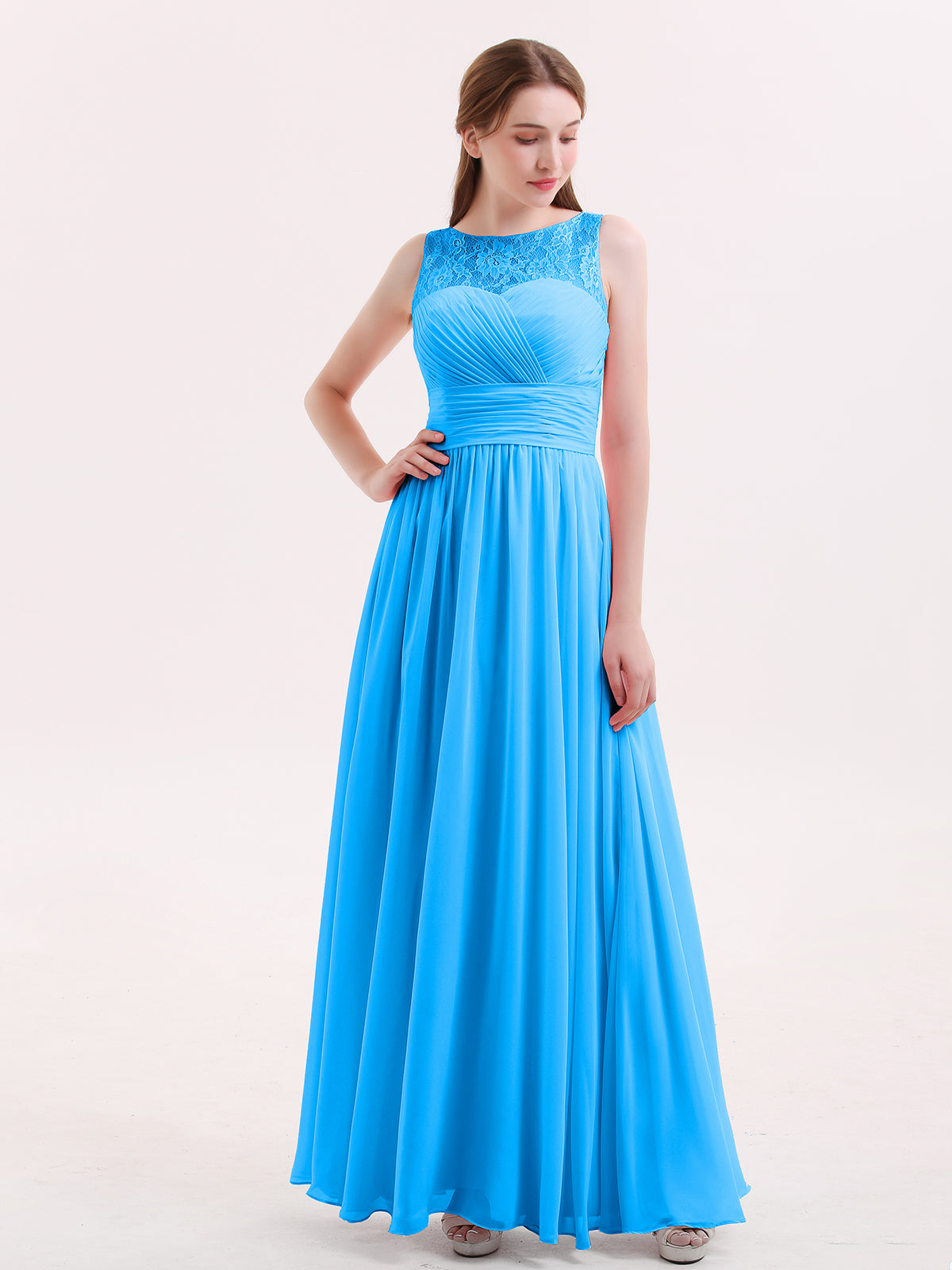 BABARONI Chiffon Ocean Blue Bridesmaid Dresses Illusion Floor-length
