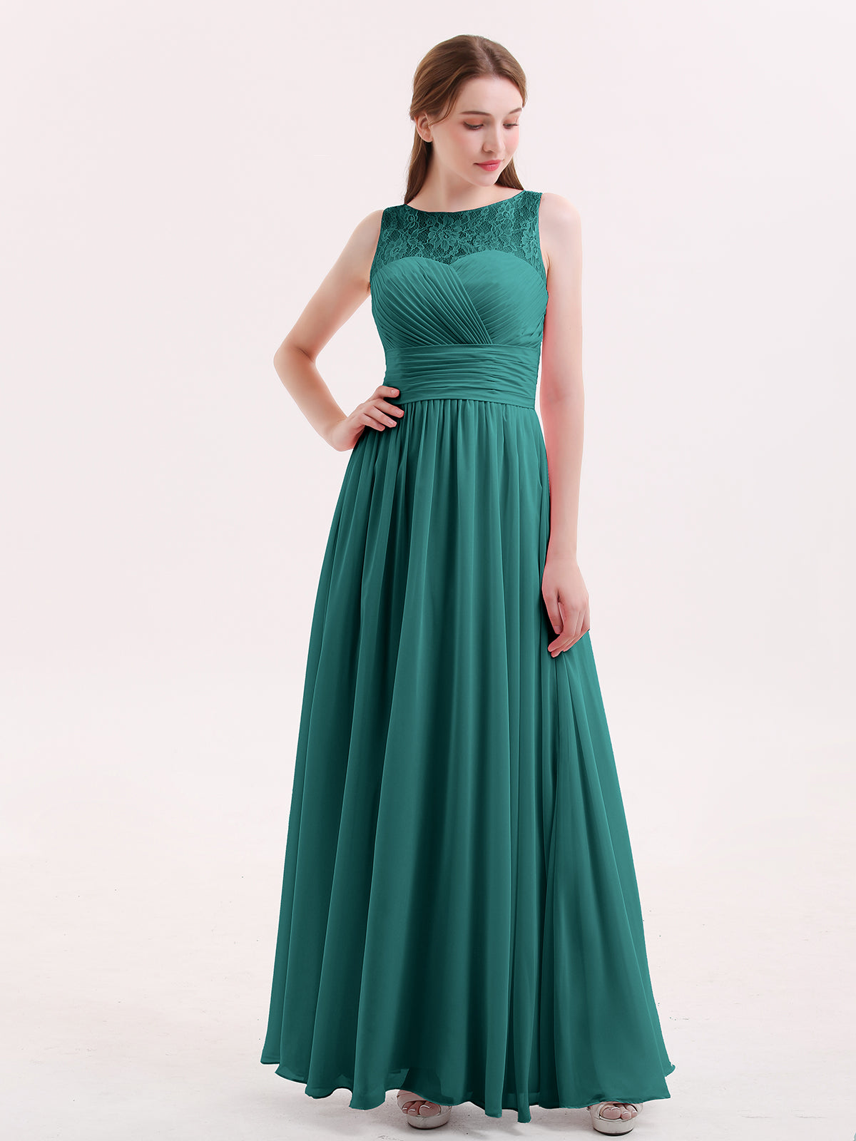Full Skit Chiffon Bridesmaid Dress with Y Neck Peacock Plus Size