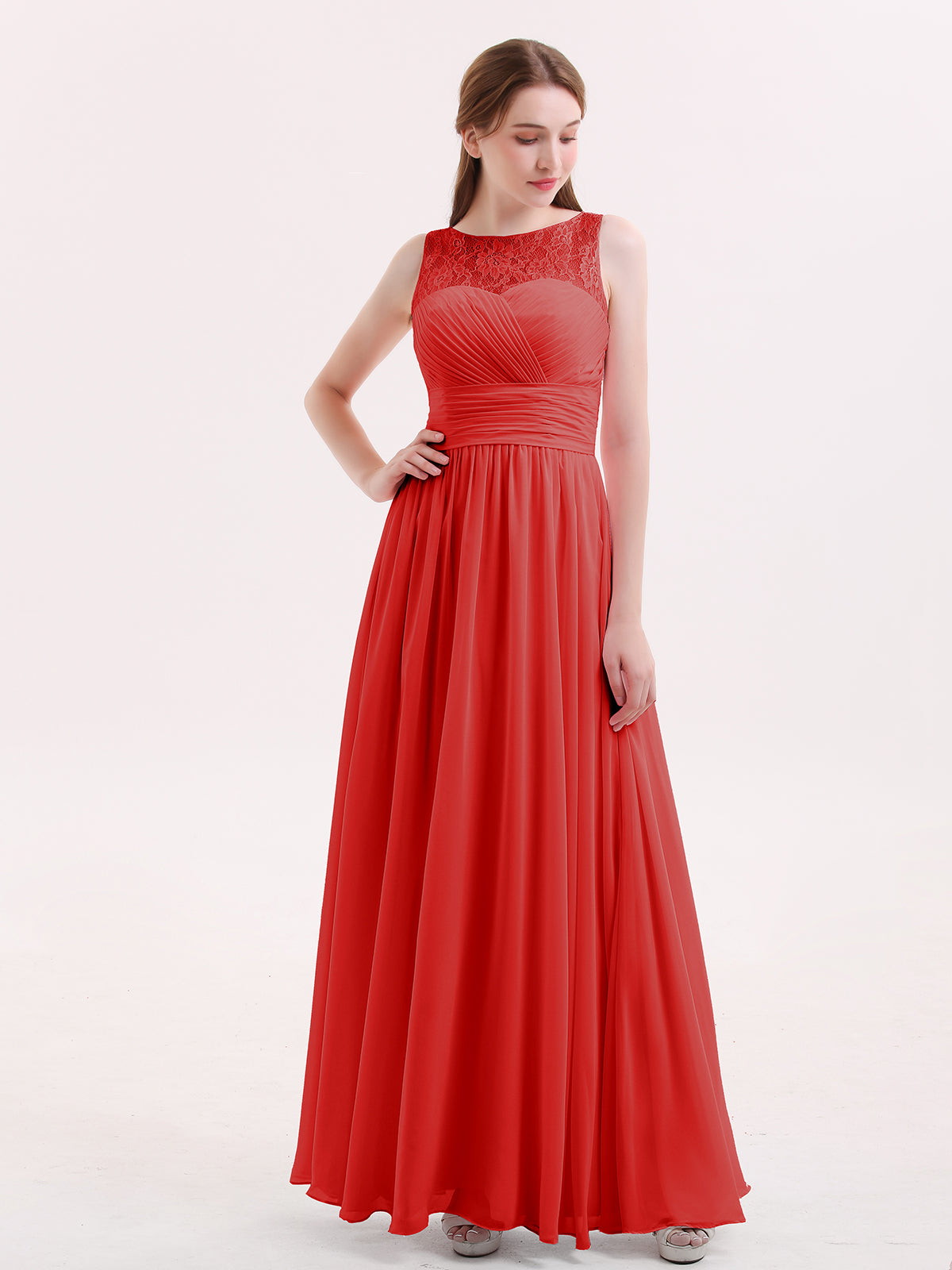 BABARONI Chiffon Red Bridesmaid Dresses Illusion Floor-length Sleeveless Pleated A-line, Red / US18