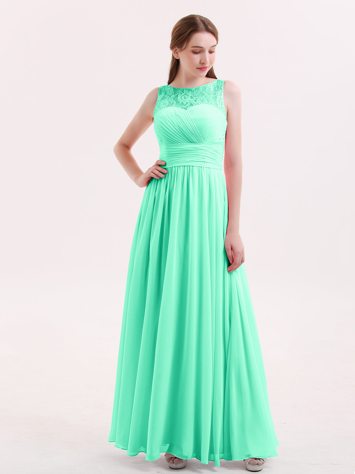 BABARONI Chiffon Turquoise Bridesmaid Dresses Illusion Floor-length  Sleeveless Pleated A-line