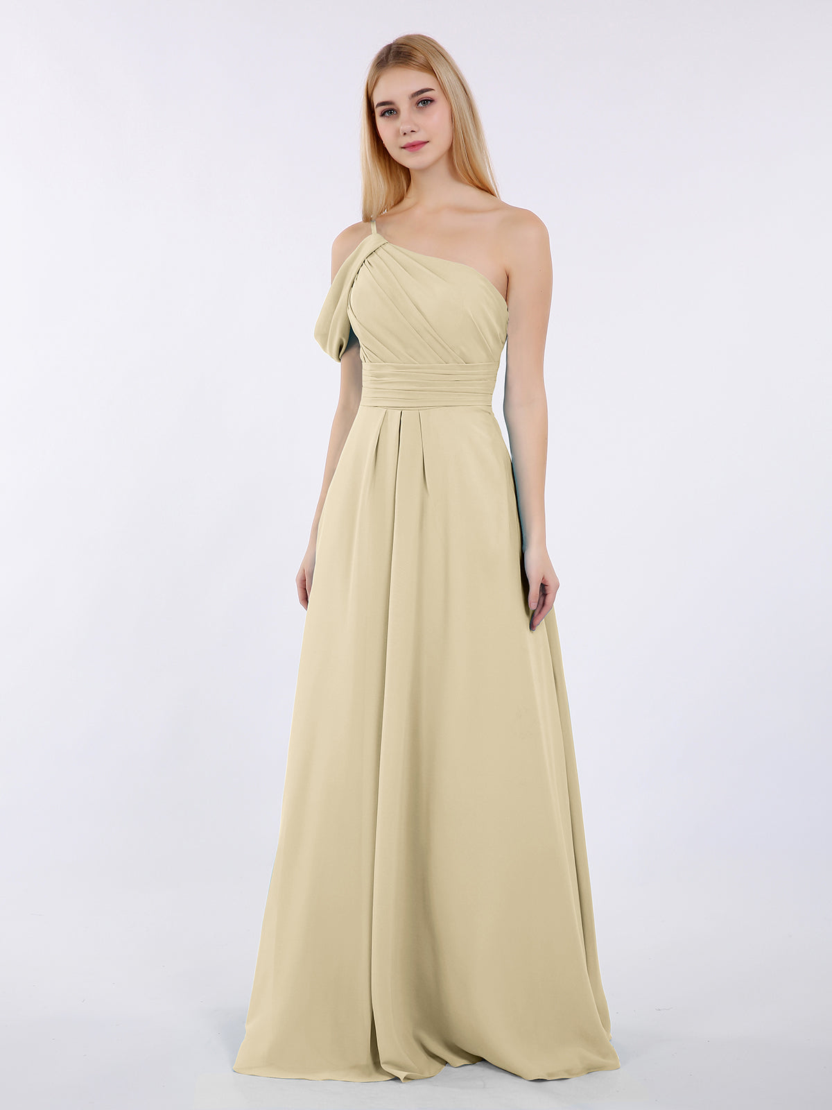 BABARONI One Shoulder Chiffon Long Bridesmaid Gowns-Champagne, Champagne / US0 BABARONI One Shoulder Chiffon Long Bridesmaid Gowns-Champagne, Champagne / US0