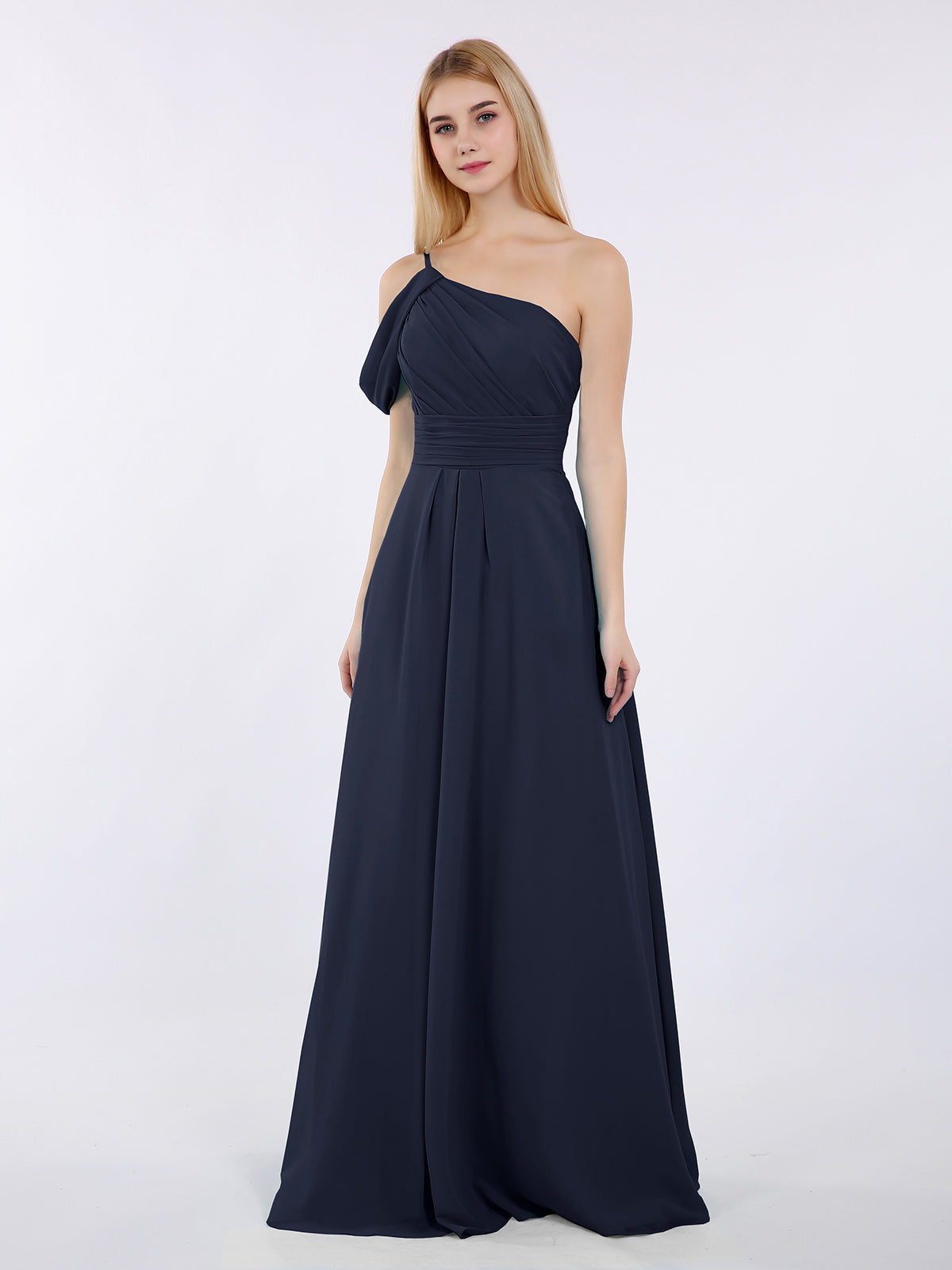 Long Tulle Bridesmaid Dress with Illusion Neck Dark Navy Plus Size