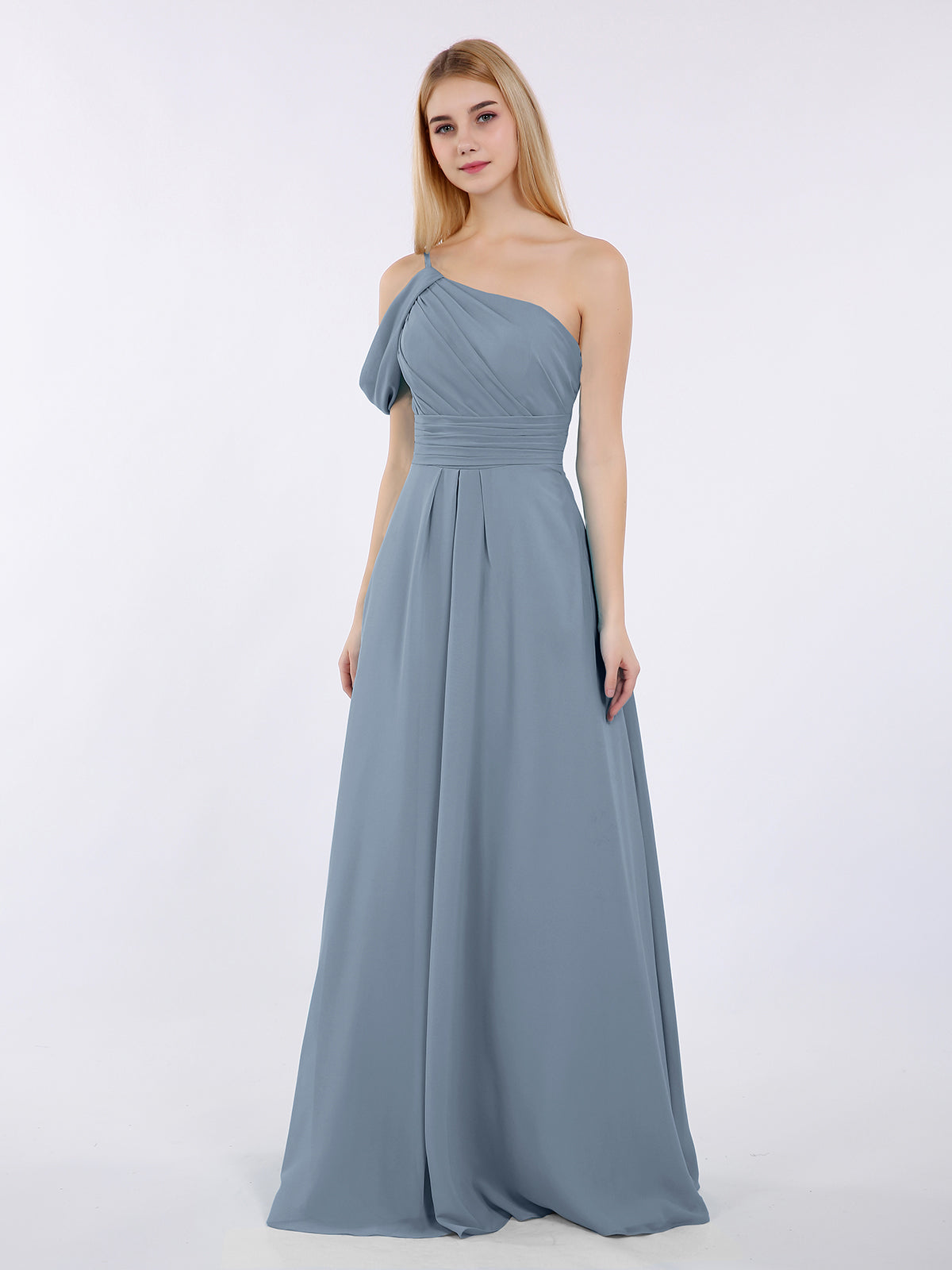 light blue one shoulder bridesmaid dress Azazie Maron