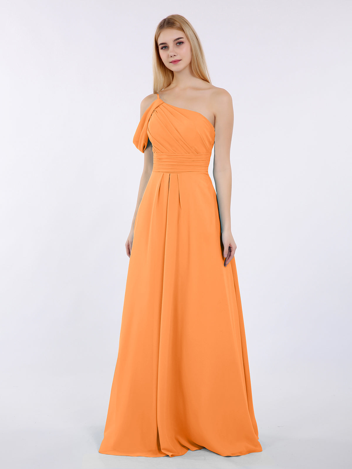 BABARONI One Shoulder Chiffon Long Bridesmaid Gowns-Orange, Orange / US0