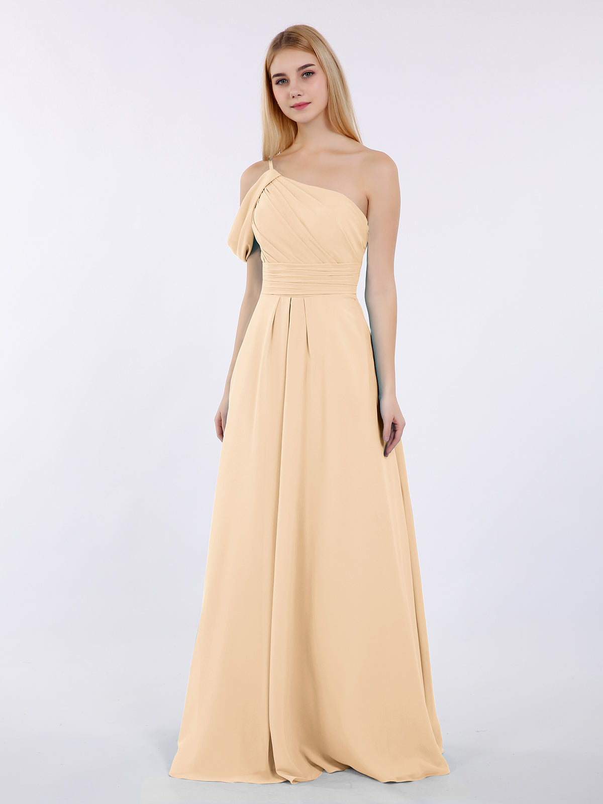 BABARONI One Shoulder Chiffon Long Bridesmaid Gowns-Peach, Peach / US0