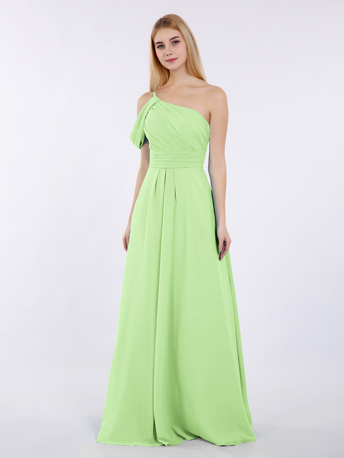 strapless open back dress Green Chiffon One Shoulder Long Bridesmaid Dresses With Sweep Train, MBD208