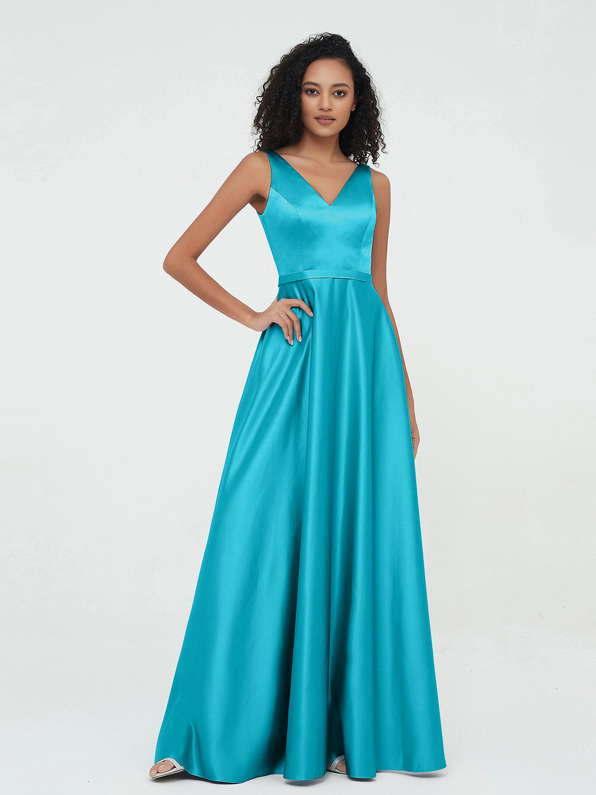 A-Line Knee-length V-neck Cap Sleeves Satin Dress Jade main image 1