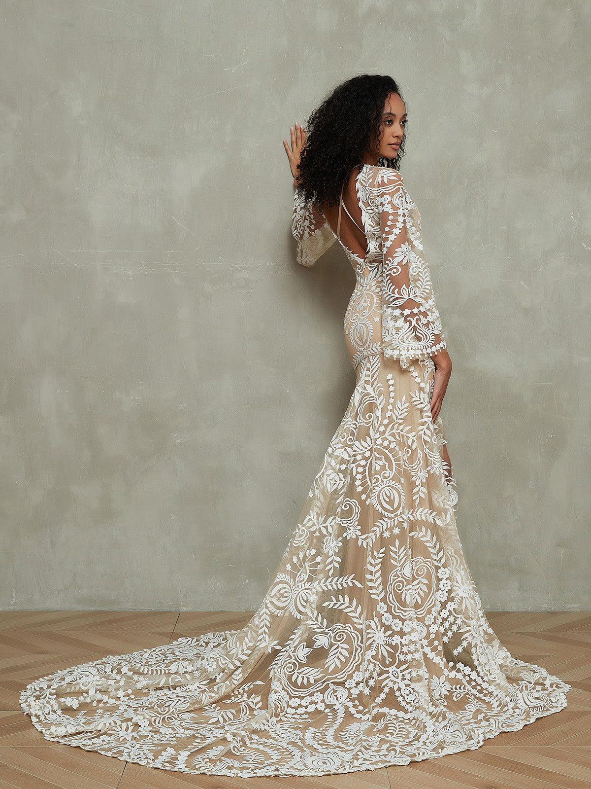BABARONI Boho Lace Mermaid Birdal Dresses with Long Sleeves-Champagne, Champagne / US0