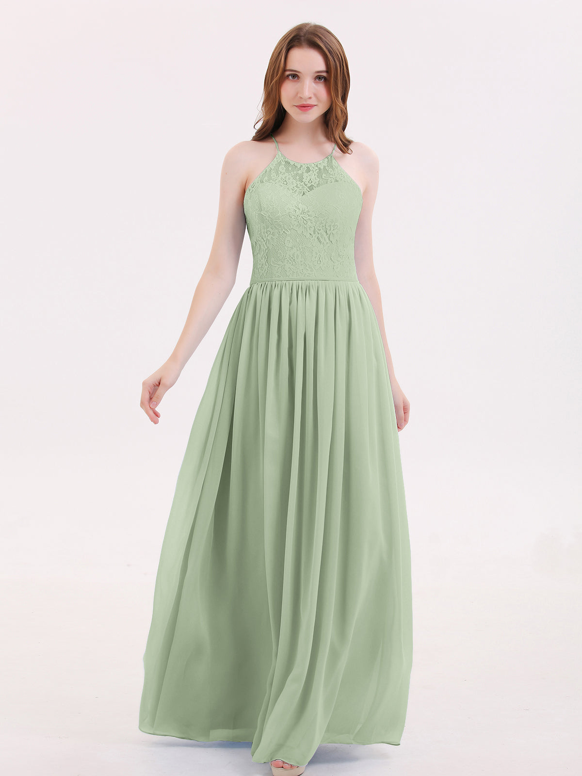 Chiffon And Lace Halter Maxi Dresses Dusty Sage Plus Size