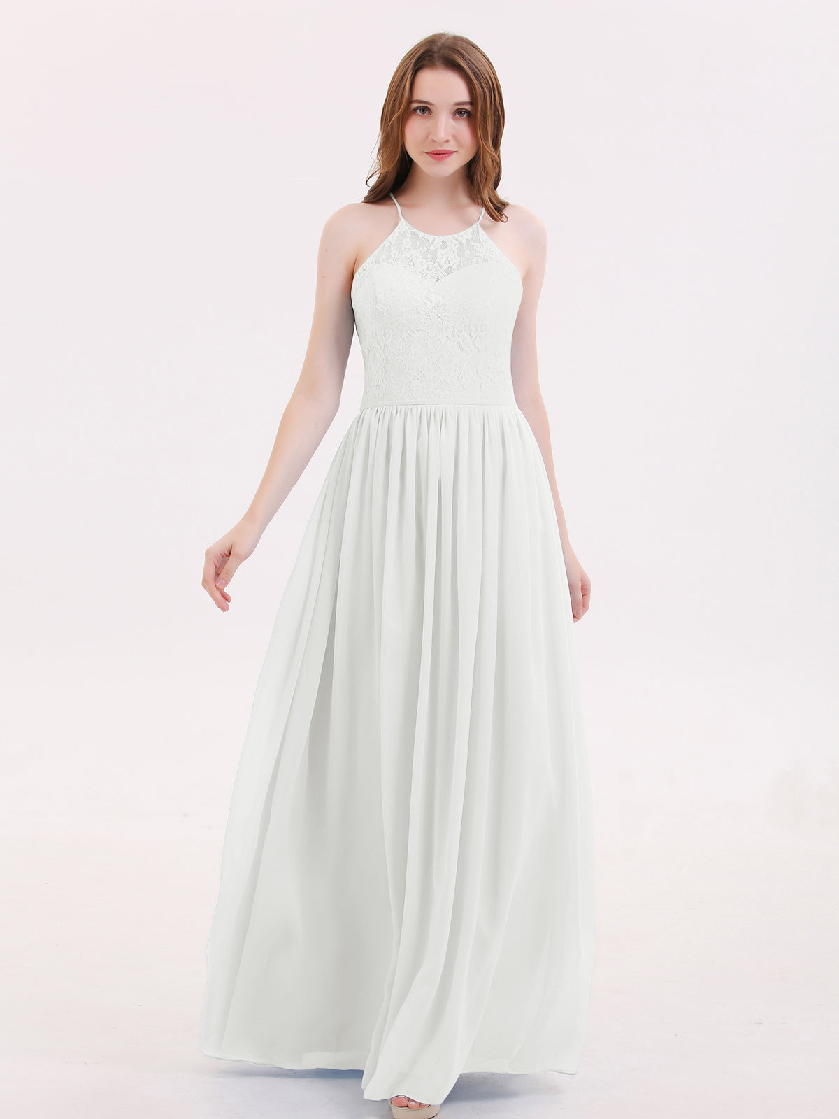 Full Length Chiffon Gowns with Illusion Neck White