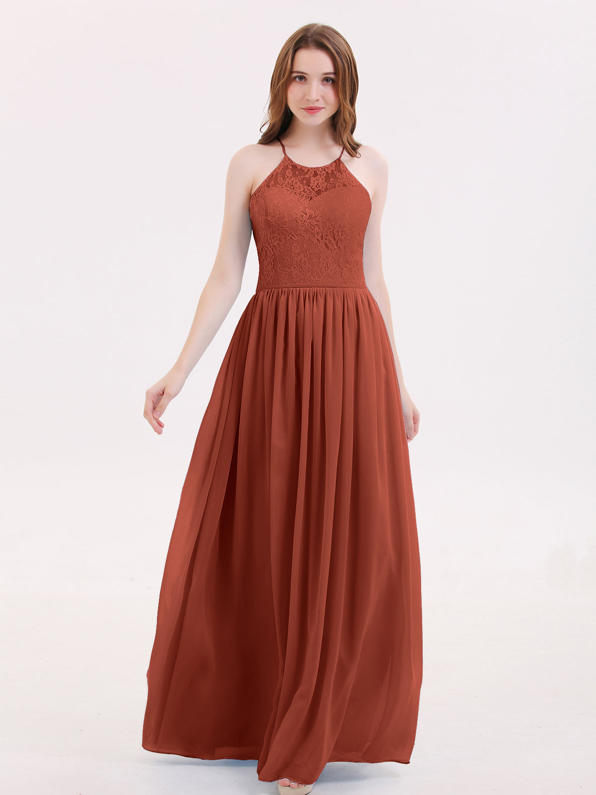 fitted lace wedding dress BABARONI Illusion Neck Lace and Chiffon Maxi Gowns-Rust, Rust / US0