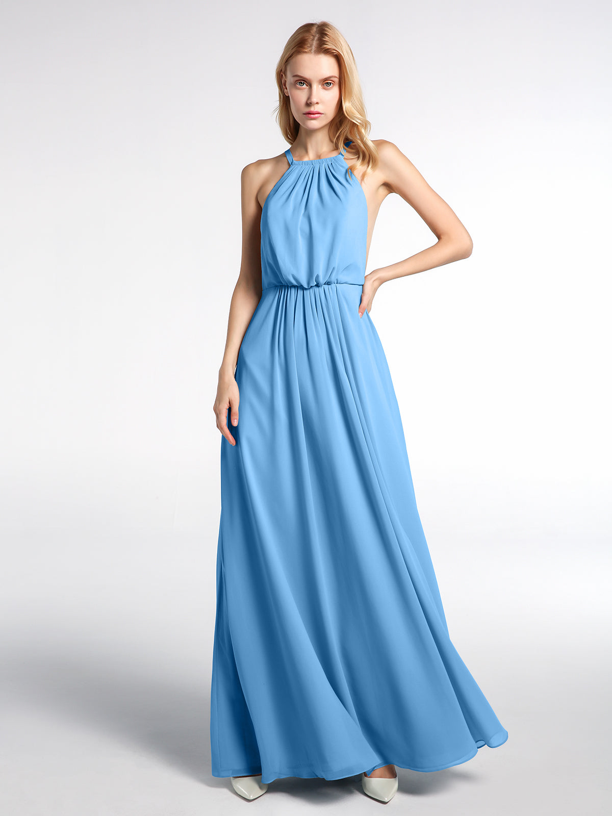 Halter Short Chiffron Dresses with V neck Blue Plus Size