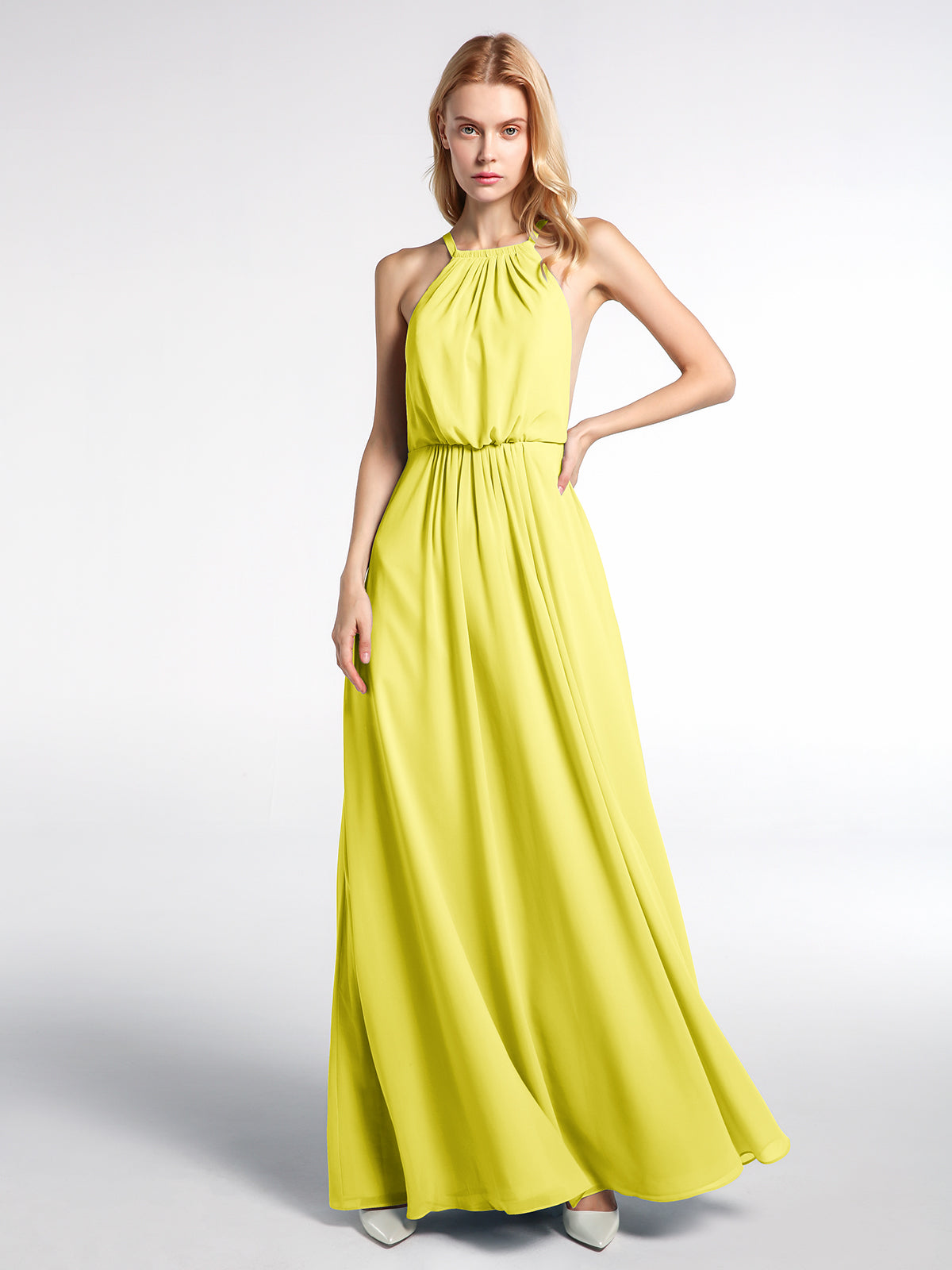 lemon yellow maxi dress BABARONI BABARONI Chiffon Lemon Bridesmaid Dresses Halter Floor-length Backless Sleeveless Pleated A-line, Lemon / US18