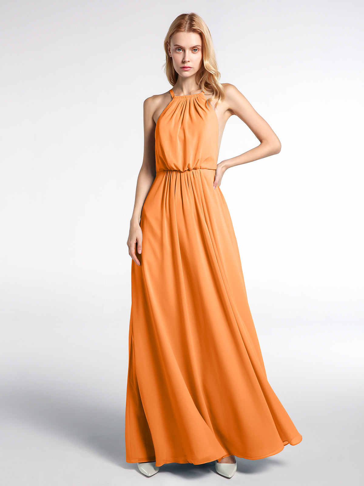 BABARONI Chiffon Orange Bridesmaid Dresses Halter Floor-length Backless