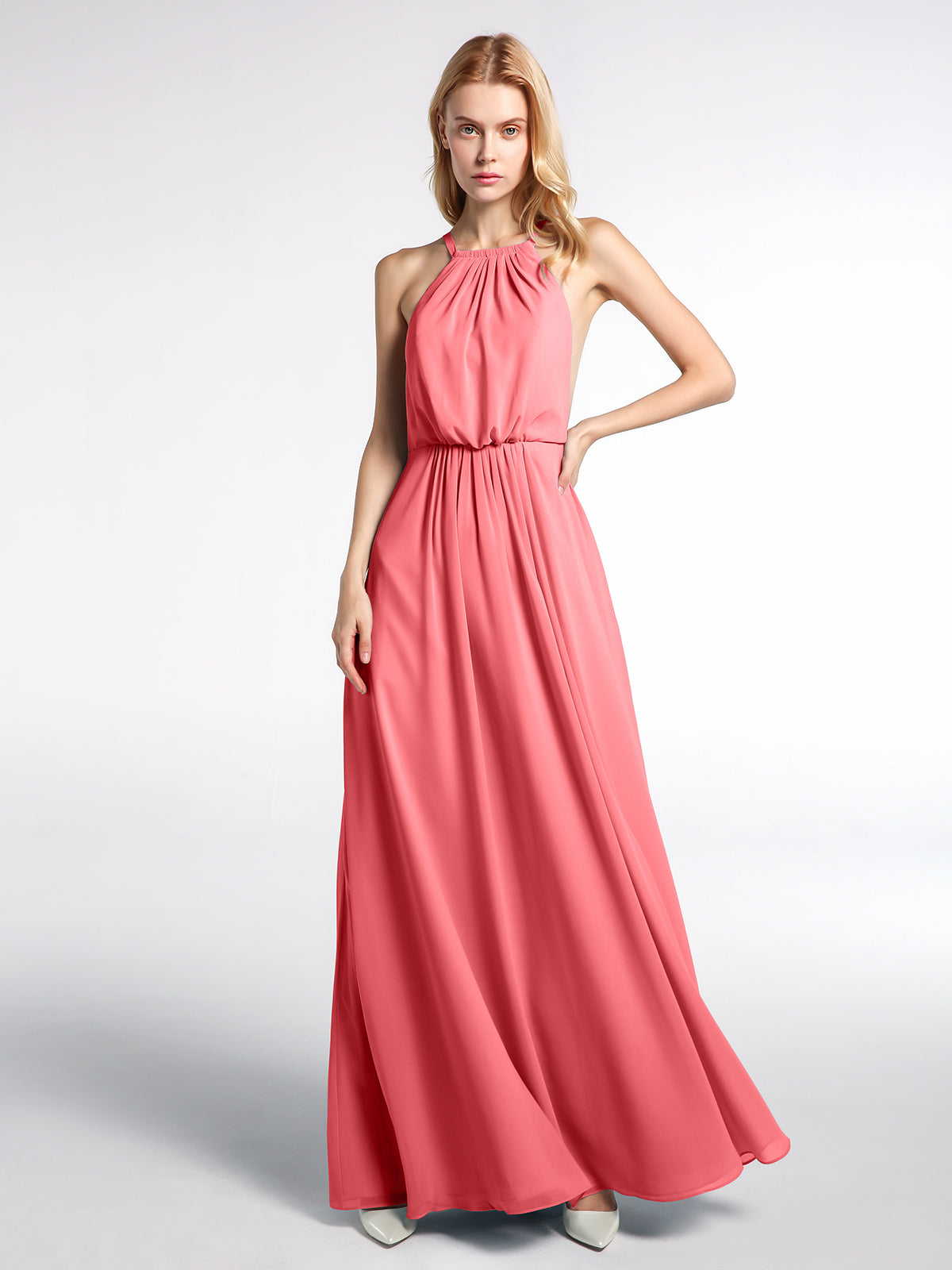 Halter Neck Low Back Chiffon Maxi Sexy Dress-Watermelon Plus Size ...
