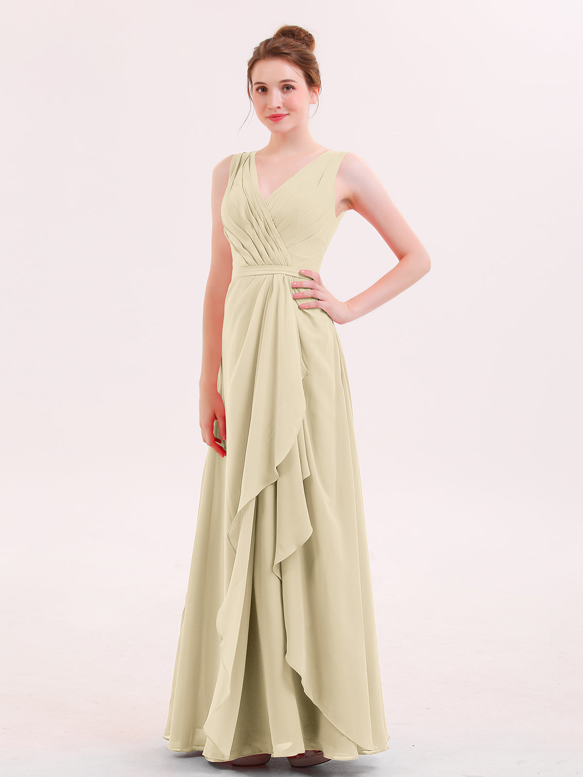 BABARONI V-neck Chiffon Bridesmaid Gown with Cascade Skirt Champagne, Champagne / US0