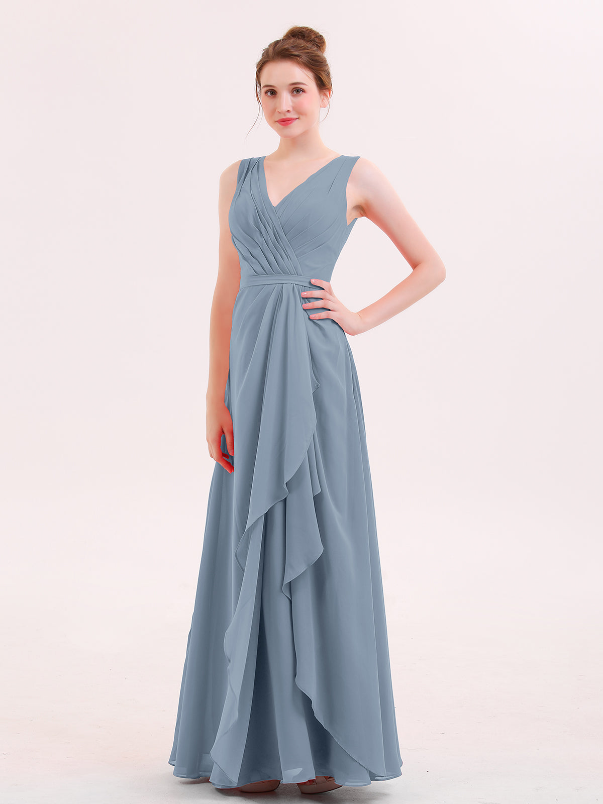BABARONI Chiffon Dusty Blue Bridesmaid Dresses V-neck Floor-length
