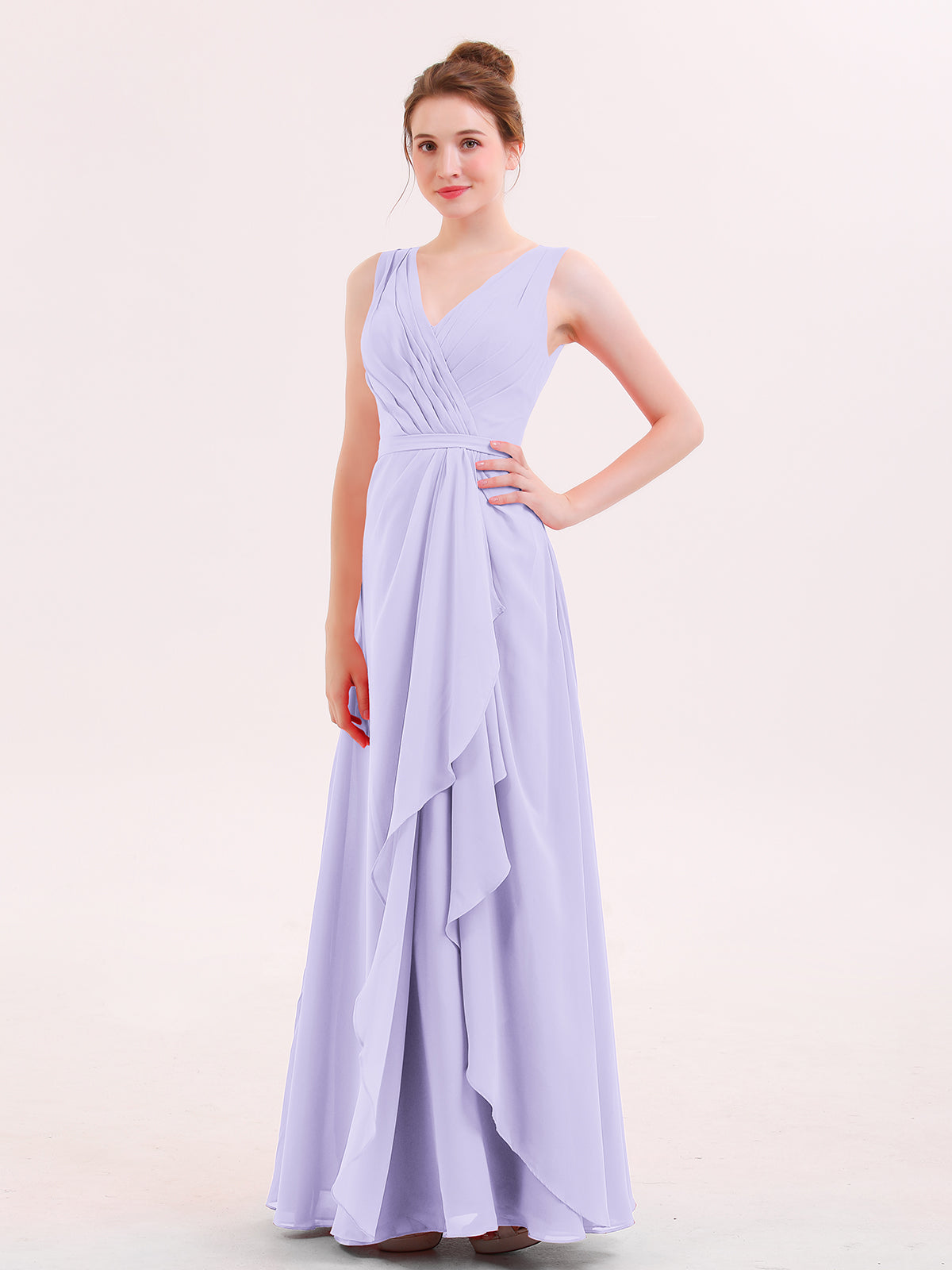 BABARONI V-neck Chiffon Bridesmaid Gown with Cascade Skirt Lilac, Lilac / US0