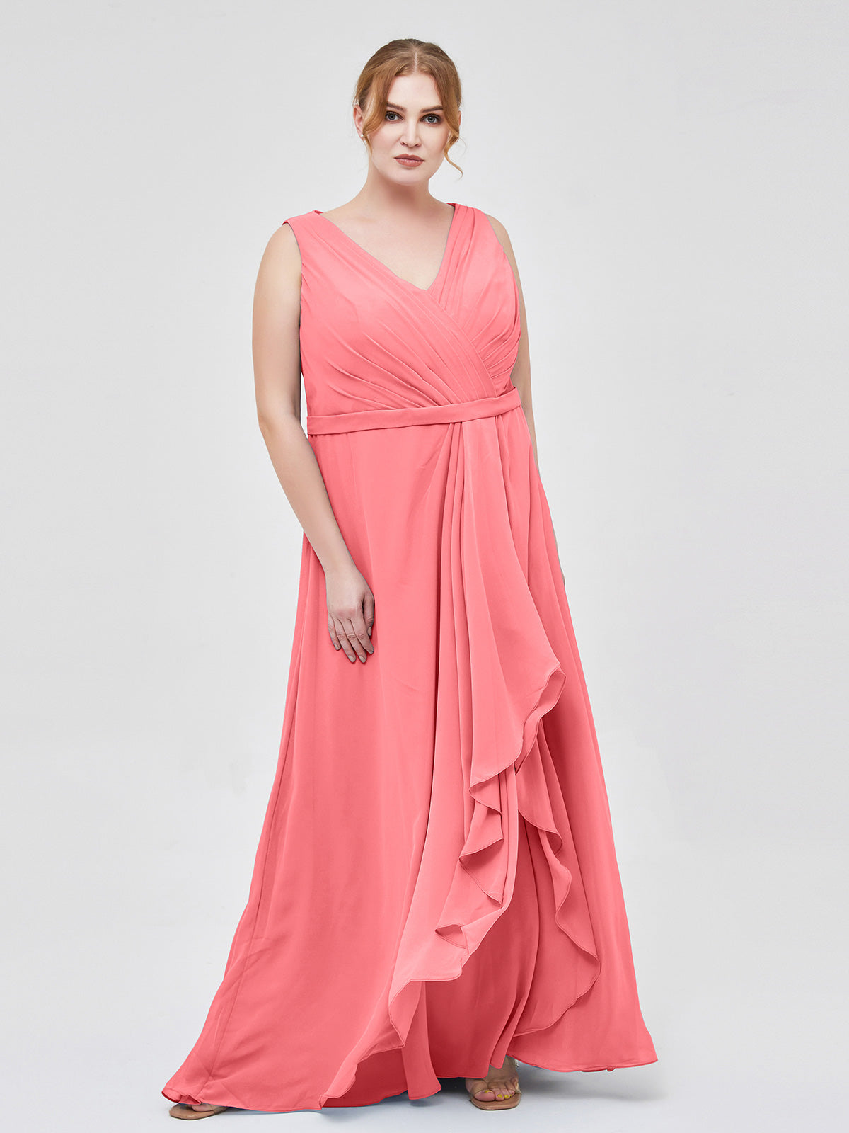 V-neck Chiffon Bridesmaid Gown with Cascade Skirt Watermelon Plus