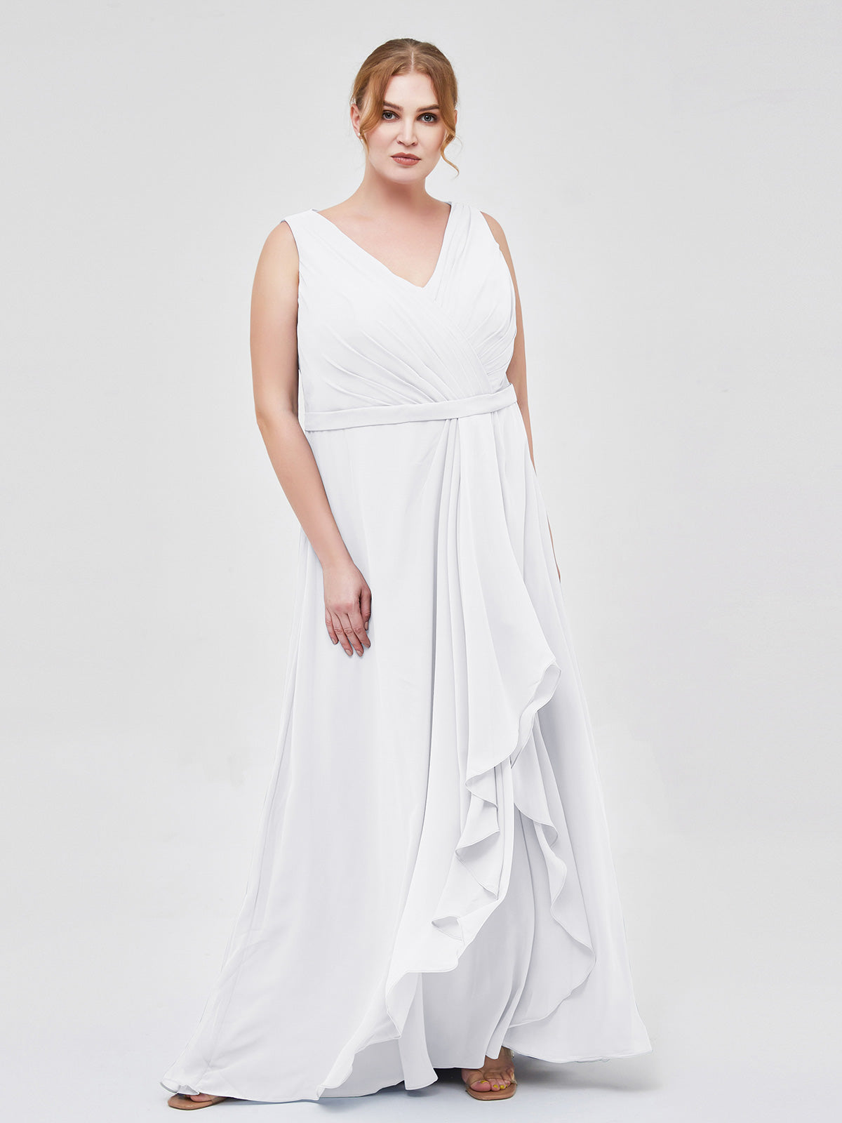 White Plus Size Chiffon Bridesmaid Dress V-Neck Cascade Skirt Maxi Wedding Party Gown | BABARONI White Plus Size Chiffon Bridesmaid Dress V-Neck Cascade Skirt Maxi Wedding Party Gown | BABARONI