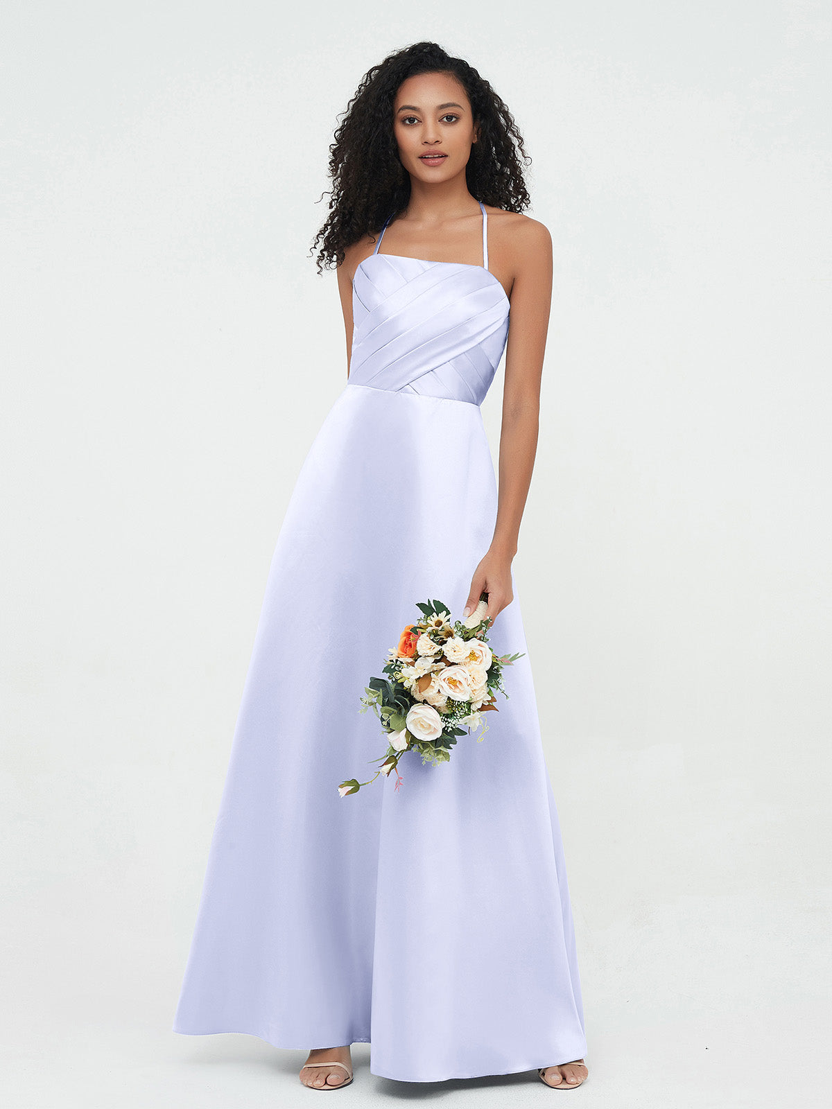 BABARONI Spaghetti Straps Pleated Bodice Satin Gowns-Lilac, Lilac / US0