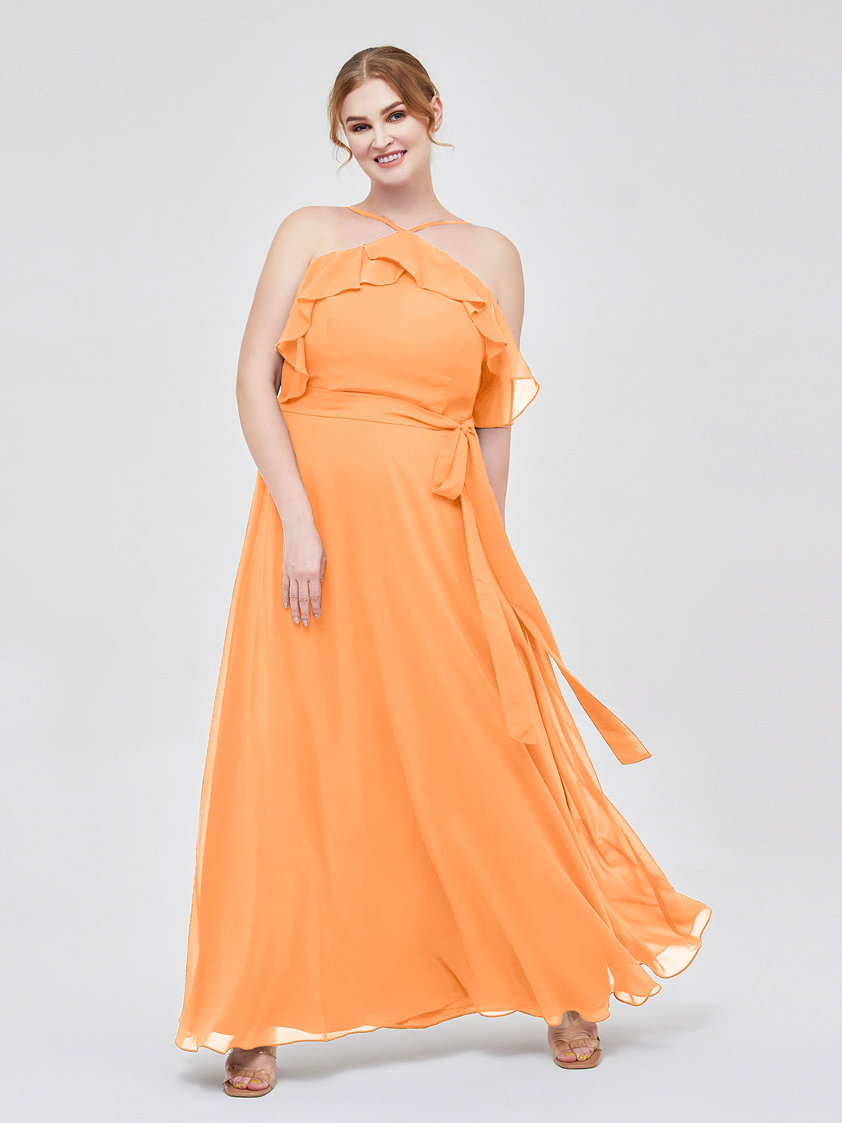 Illusion Neck Lace and Chiffon Long Gowns Orange Plus Size