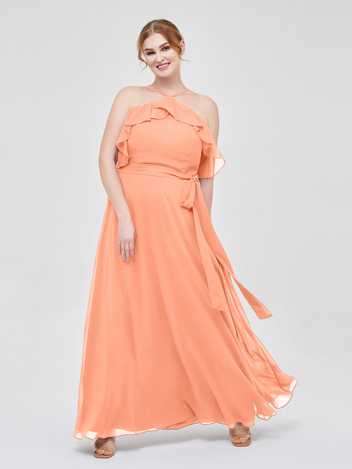 Halter Chiffon Max Bridesmaid Dresses with Pockets Papaya Plus Size
