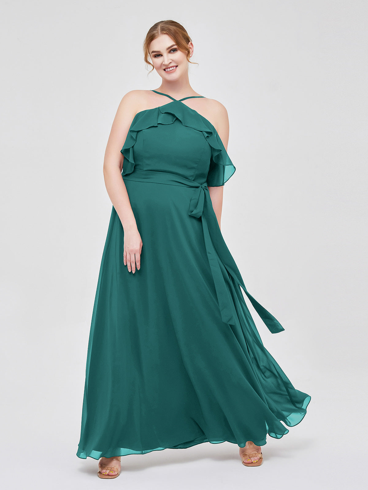 V Neckline Dress with Flutter Sleeves Peacock