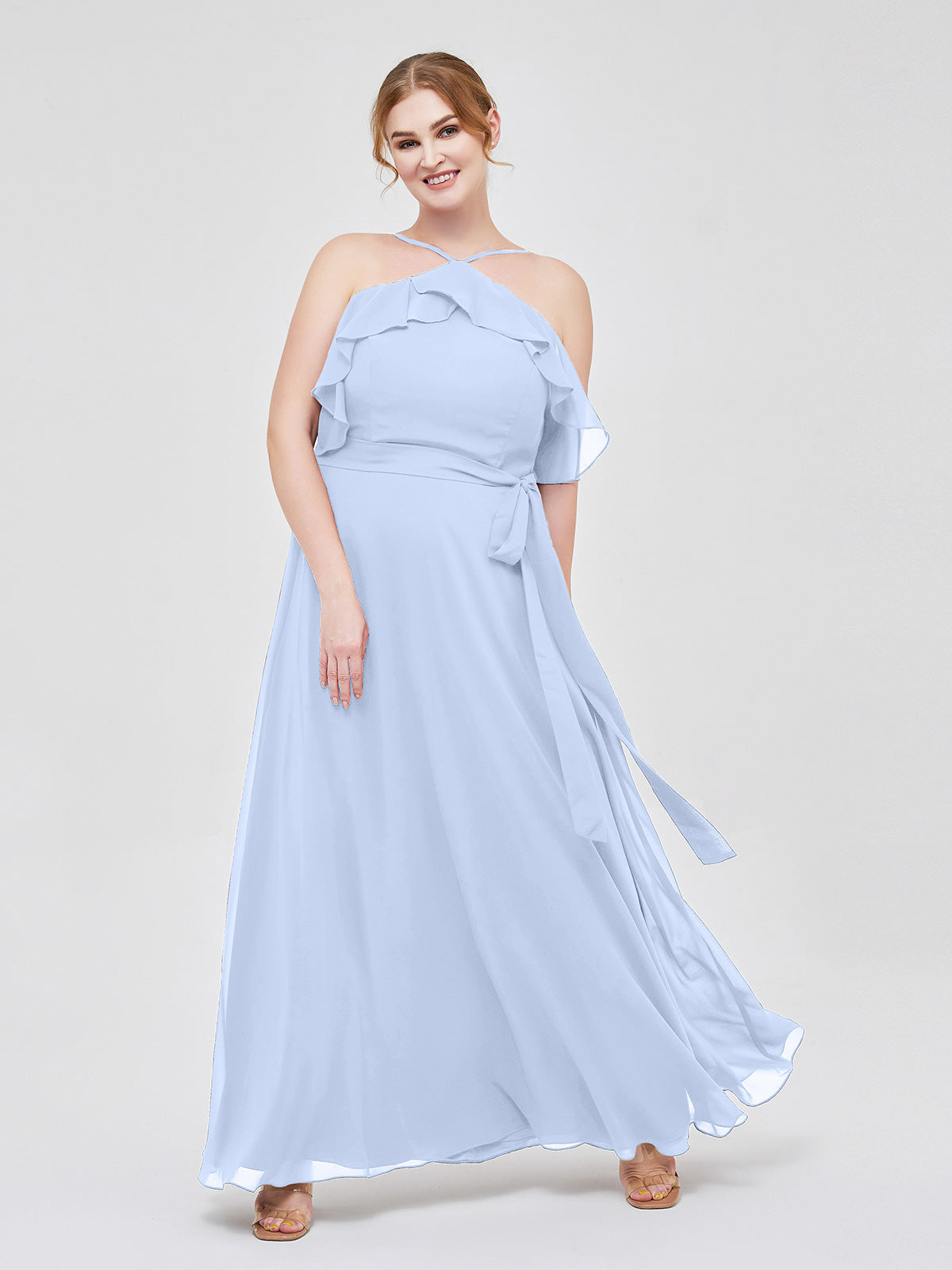 Y-neck Flutter Sleeves Long Bridesmaid Dresses Sky Blue Plus Size