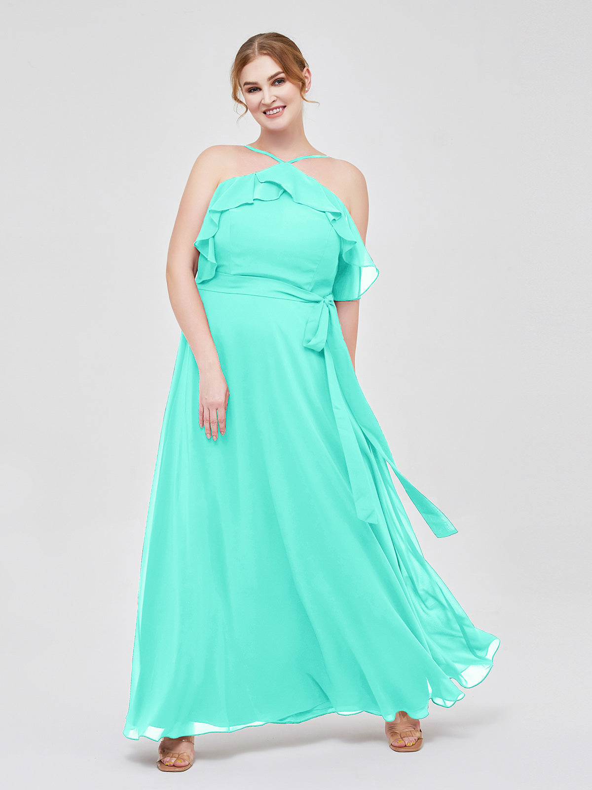 Spa Plus Size Chiffon Bridesmaid Dress Halter Floor Length Bow Sash Wedding Party Gown