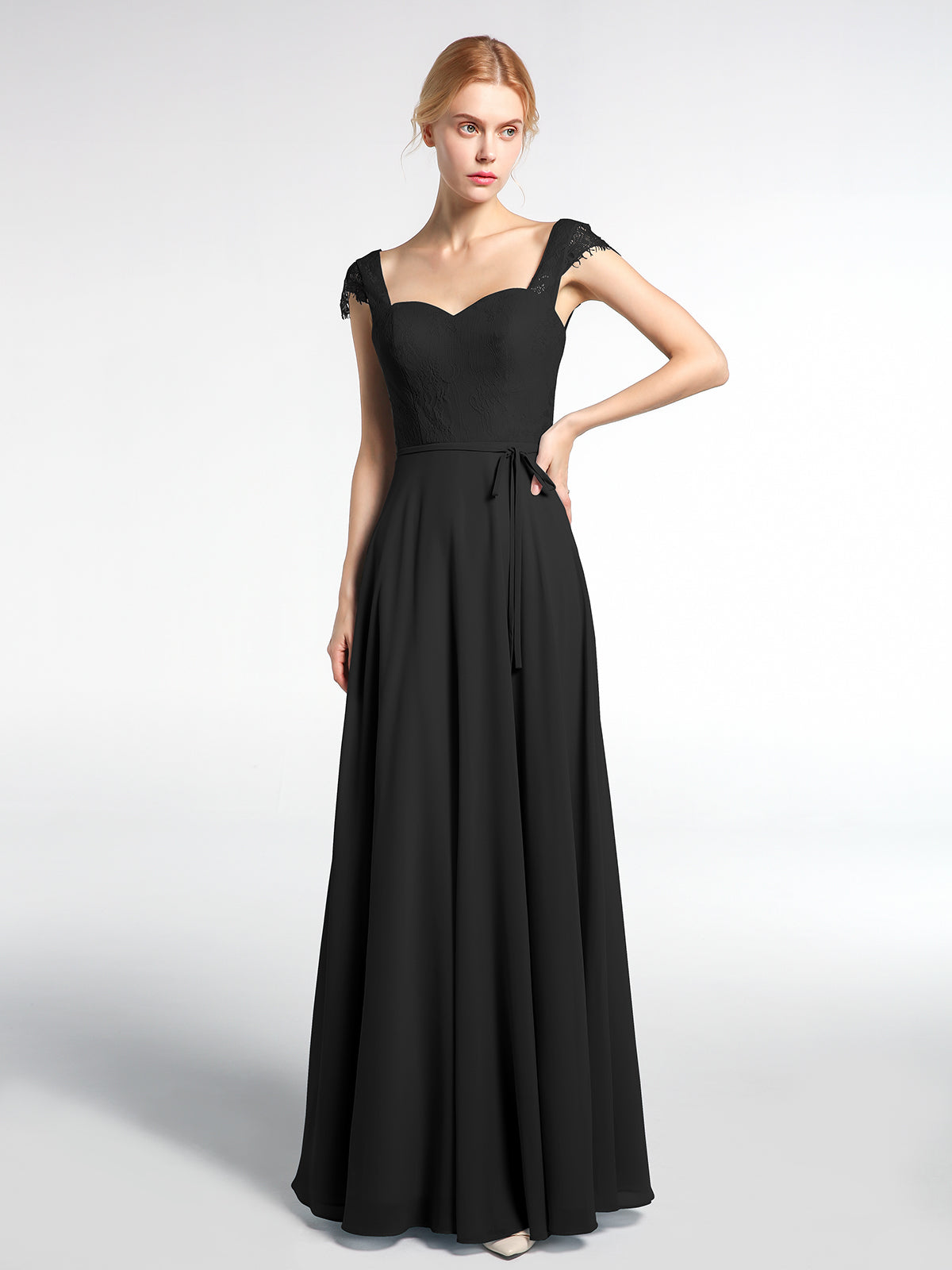 Long Cap Sleeves Chiffon Dress with Lace Top Rust