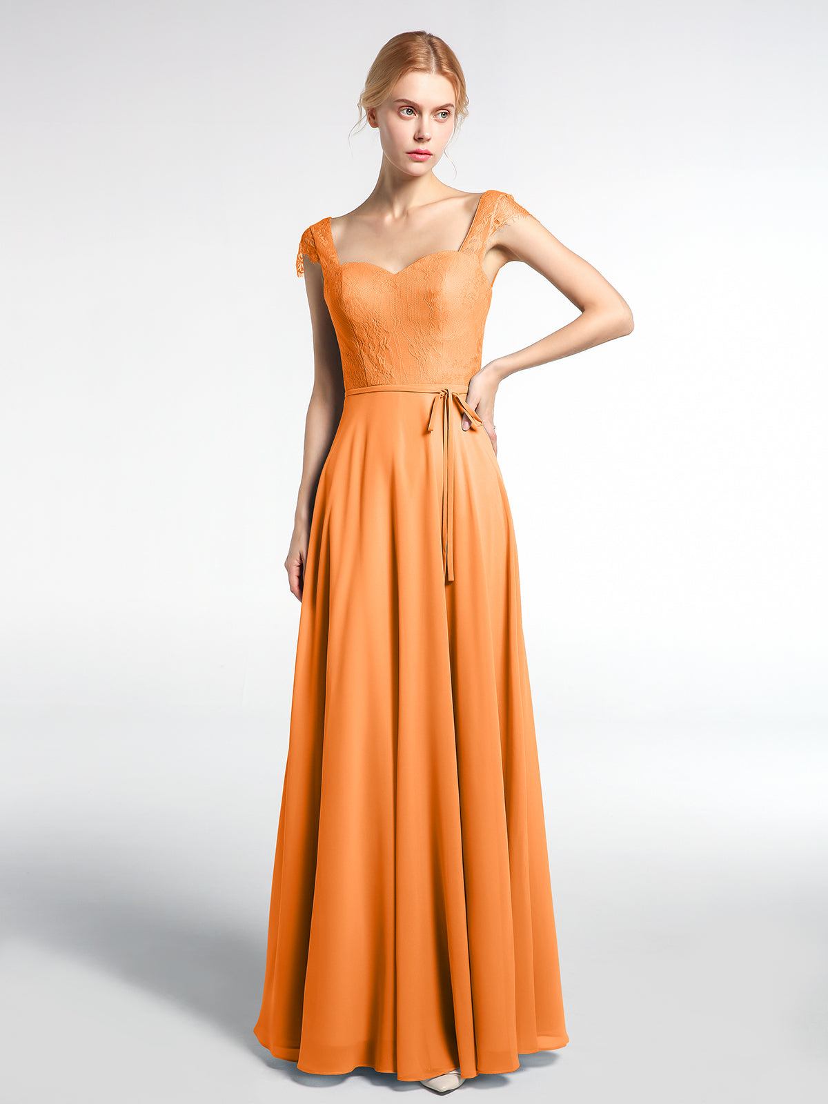 Floral Lace Top and Chiffon Bottom Full-length Dresses Orange