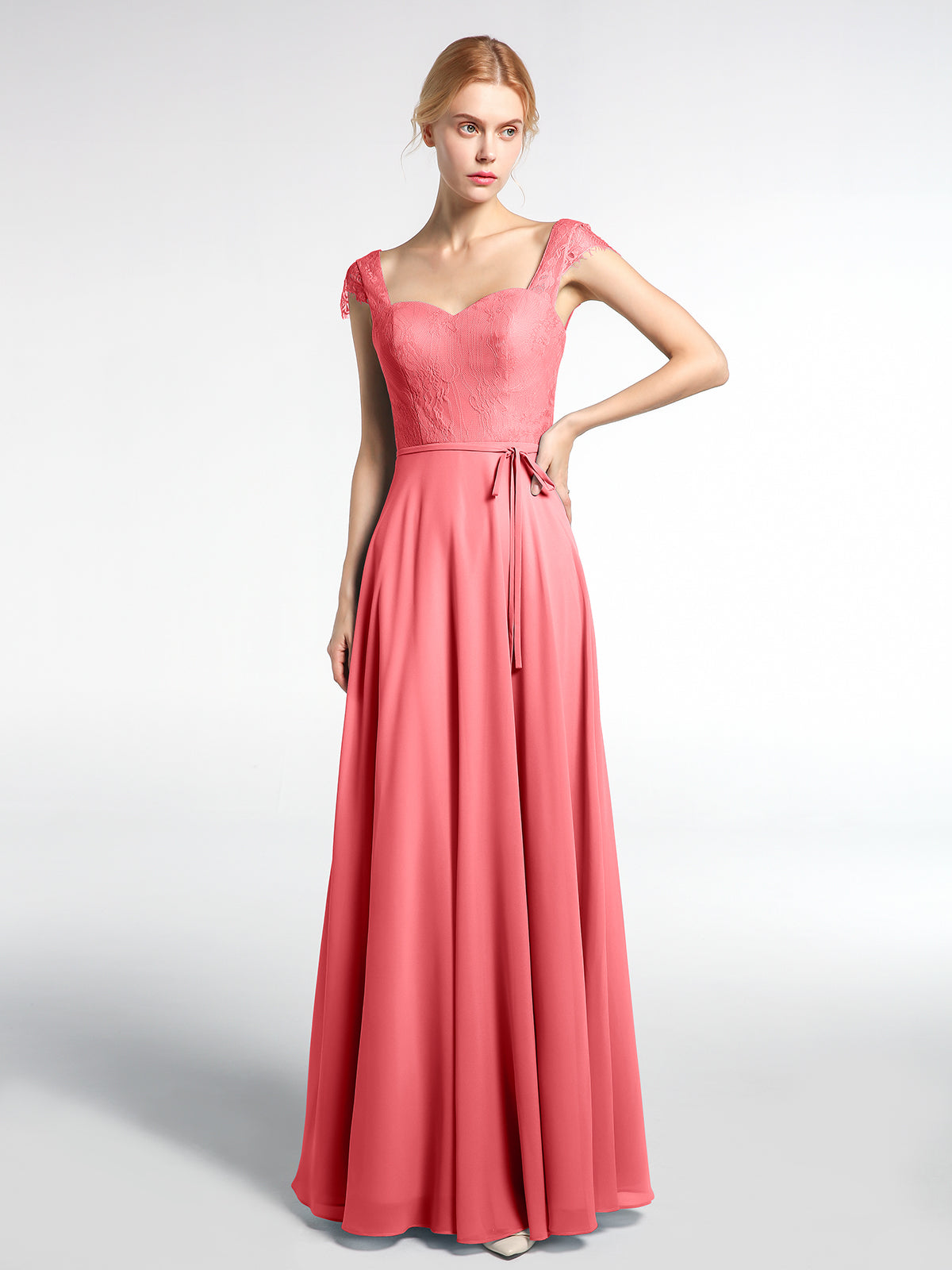 BABARONI Lace Bodice Chiffon Skirt Dress with Cap Sleeves-Watermelon, Watermelon / US0