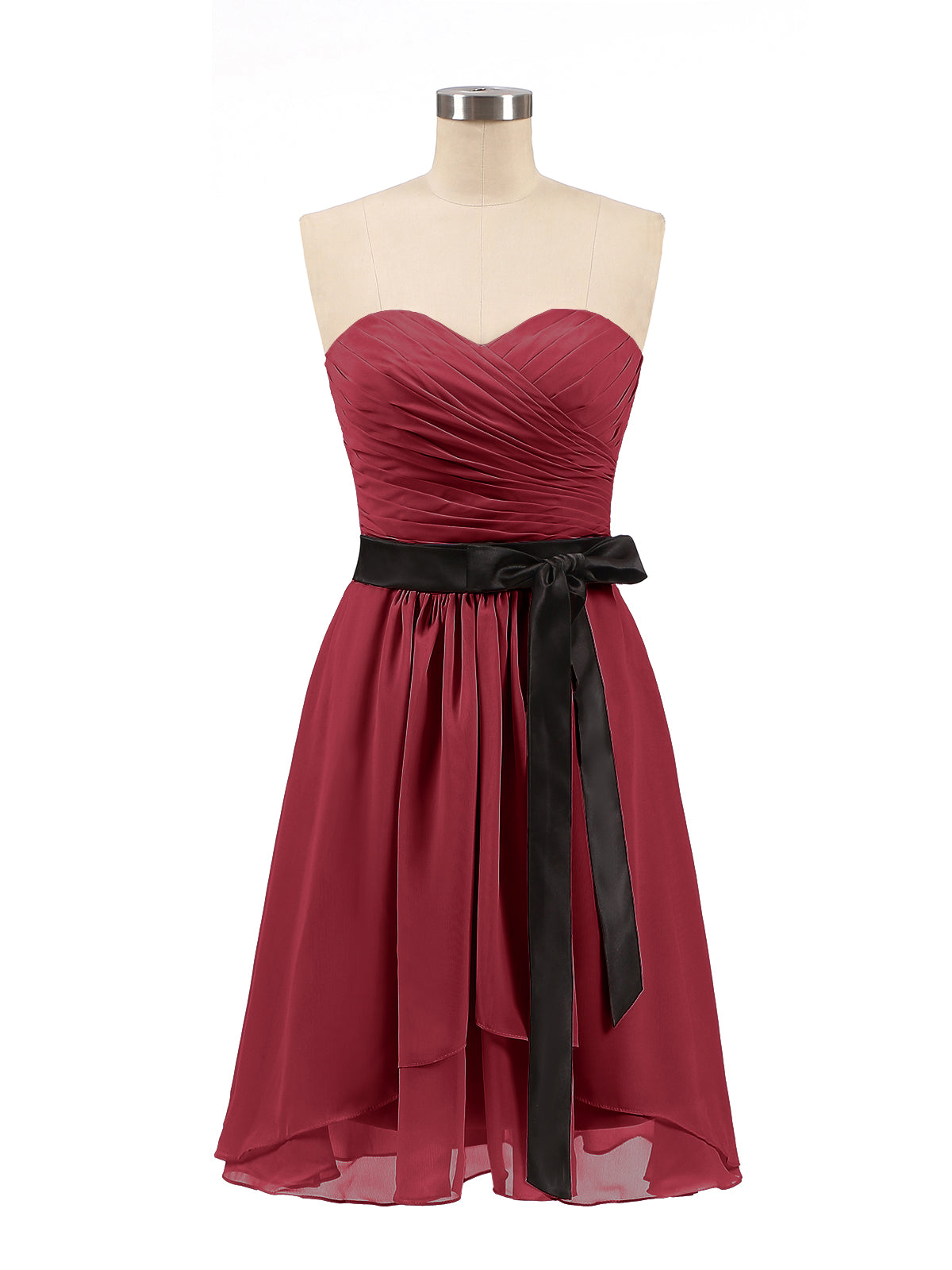 BABARONI Sweetheart Neck Short Dress with Black Sash-Burgundy, Burgundy / US0 BABARONI Sweetheart Neck Short Dress with Black Sash-Burgundy, Burgundy / US0