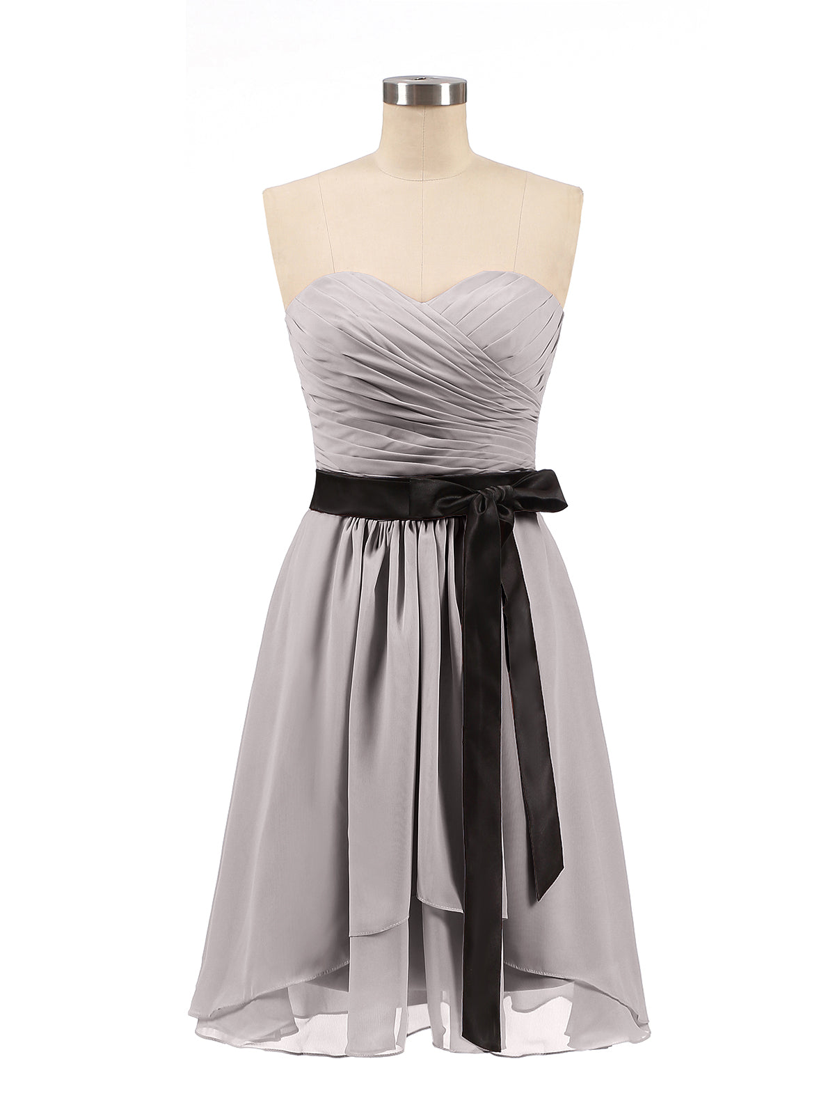 BABARONI Sweetheart Neck Short Dress with Black Sash-Silver, Silver / US0 BABARONI Sweetheart Neck Short Dress with Black Sash-Silver, Silver / US0