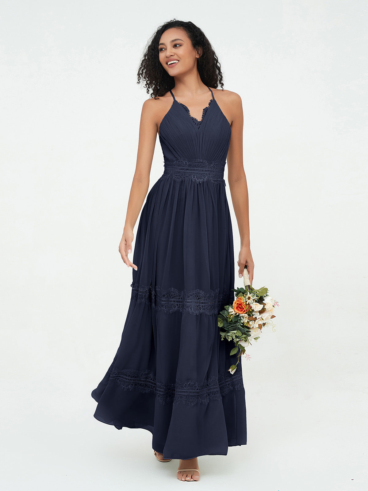 Halter V-neck Short Lace Dresses Dark Navy Plus Size main image 1