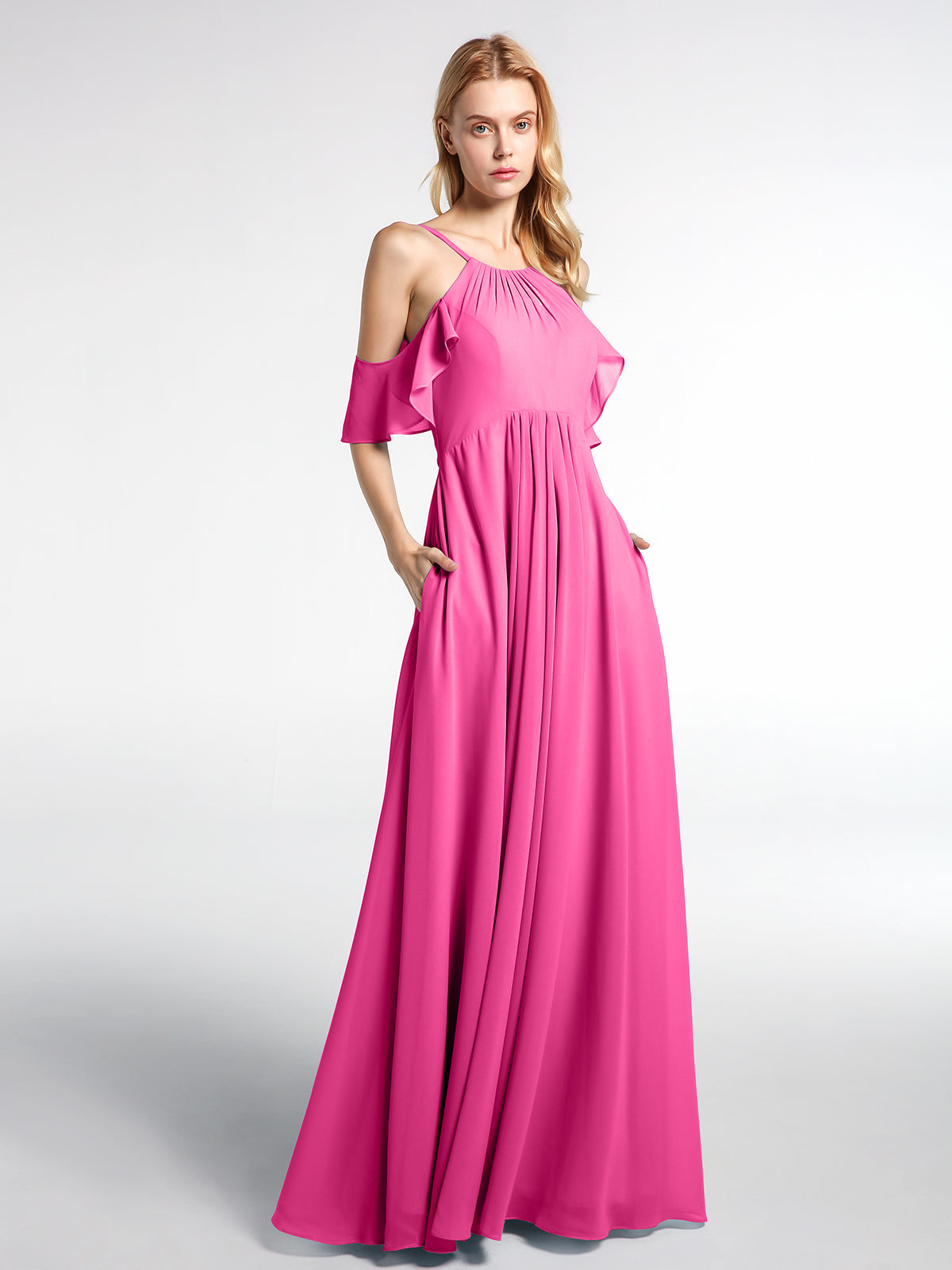 Cold-Shoulder Chiffon Empire Gown with Pockets Sage