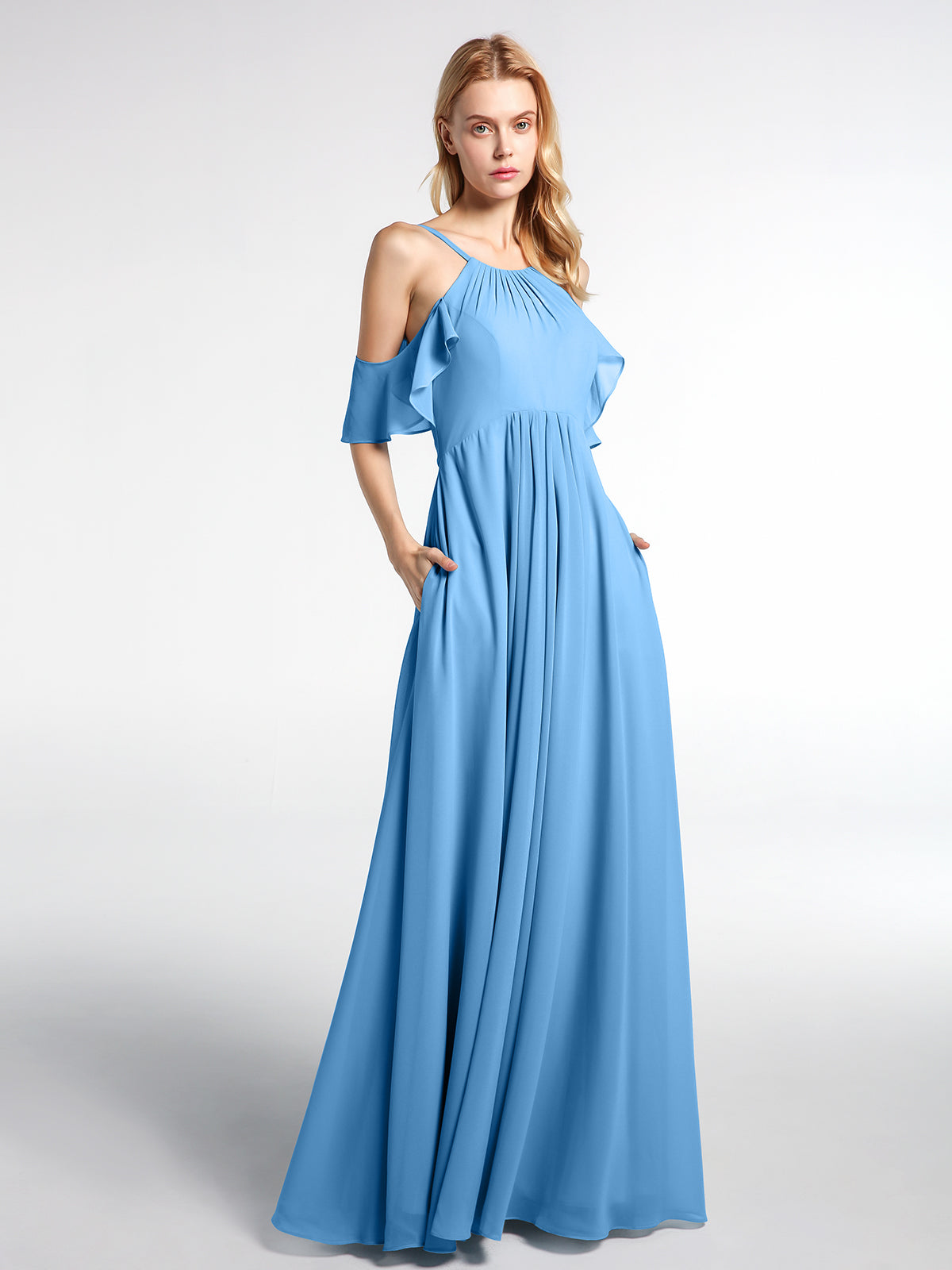 Cold-Shoulder Chiffon Empire Gown with Pockets Pool