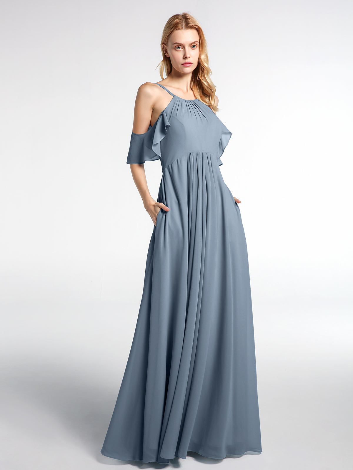 Cold-Shoulder Chiffon Empire Gown with Pockets Daffodil