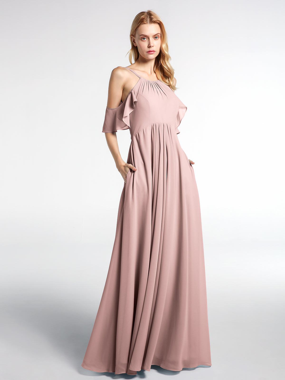Cold-Shoulder Chiffon Empire Gown with Pockets Coral