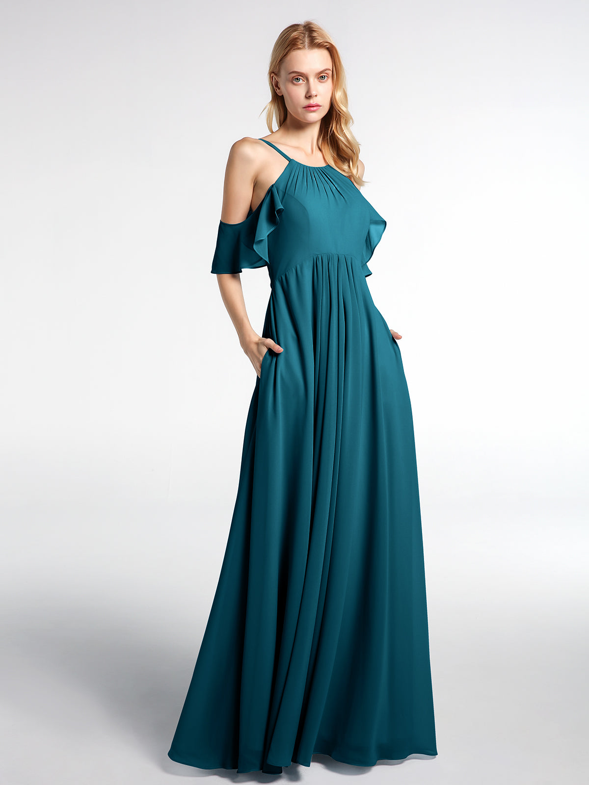 Empire Ruffle-Trimmed Sleeves Spaghetti Strap Dress Ink Blue