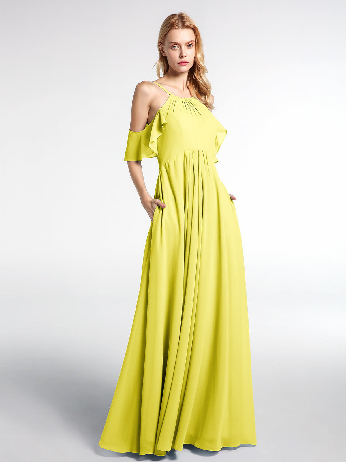 Cold-Shoulder Chiffon Empire Gown with Pockets Wisteria