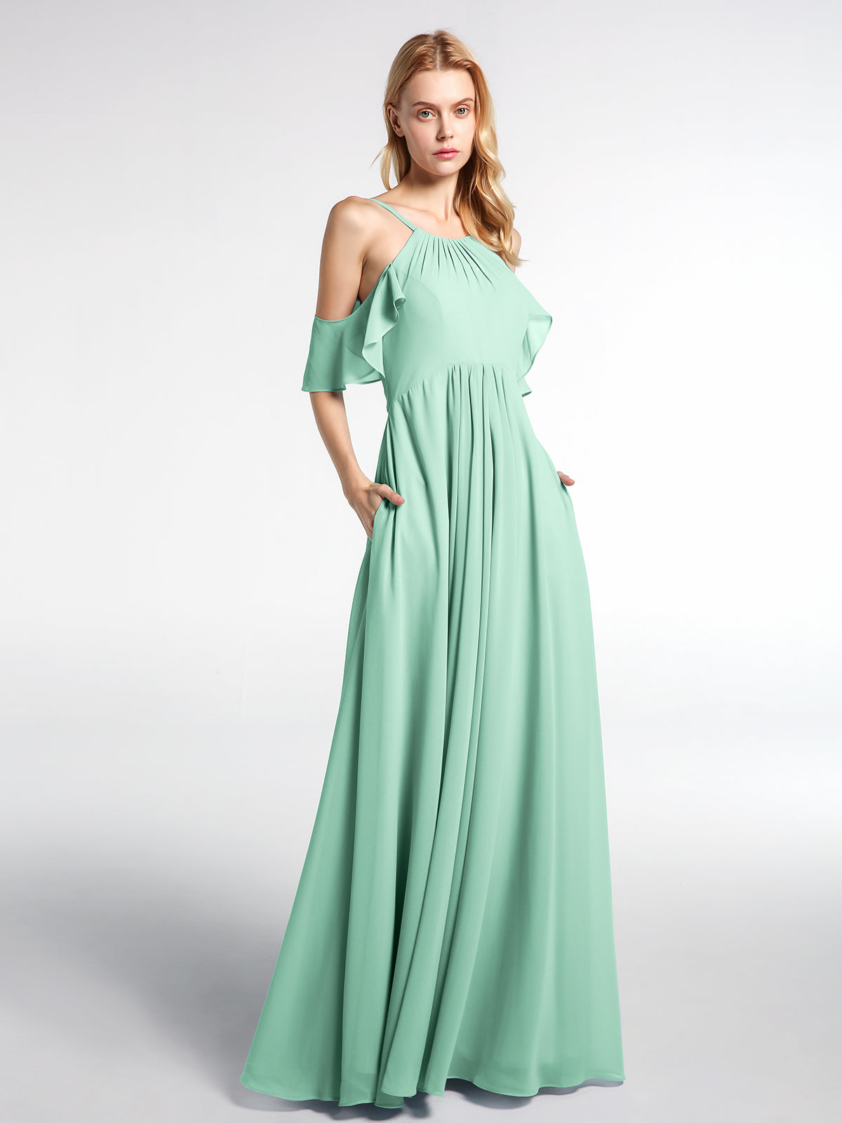 BABARONI Cold-Shoulder Chiffon Empire Dress with Pockets-Mint Green Plus Size, Mint Green / US18 BABARONI Cold-Shoulder Chiffon Empire Dress with Pockets-Mint Green Plus Size, Mint Green / US18