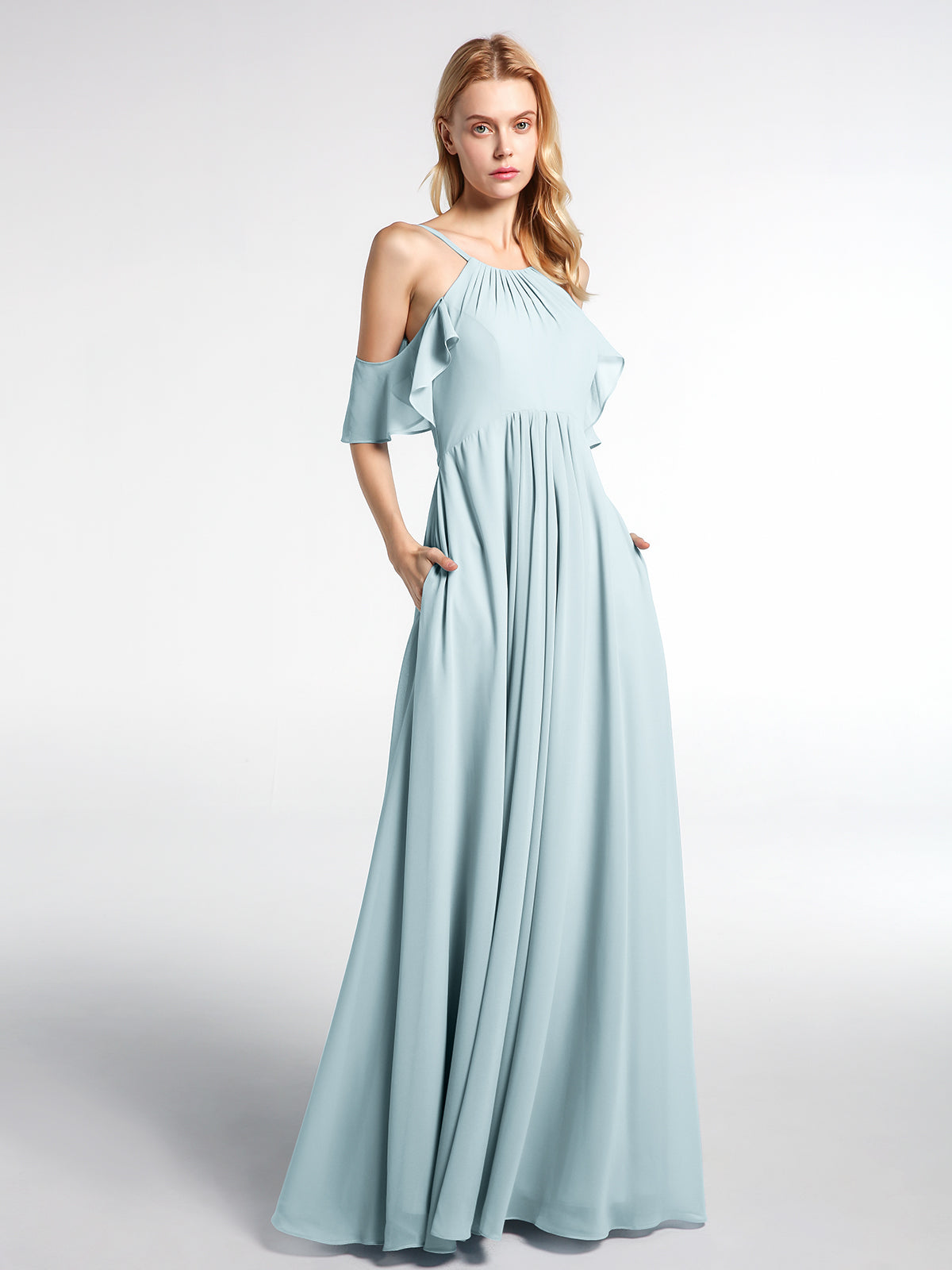 Cold-Shoulder Chiffon Empire Gown with Pockets Lavender