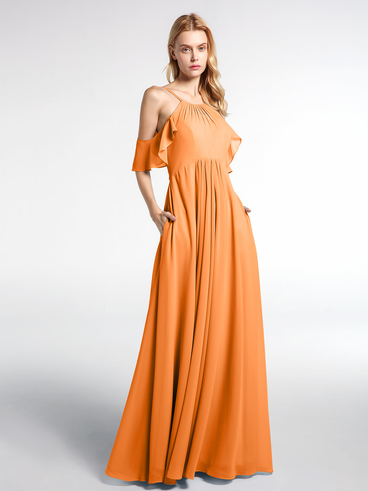 Cold-Shoulder Chiffon Empire Gown with Pockets Blue