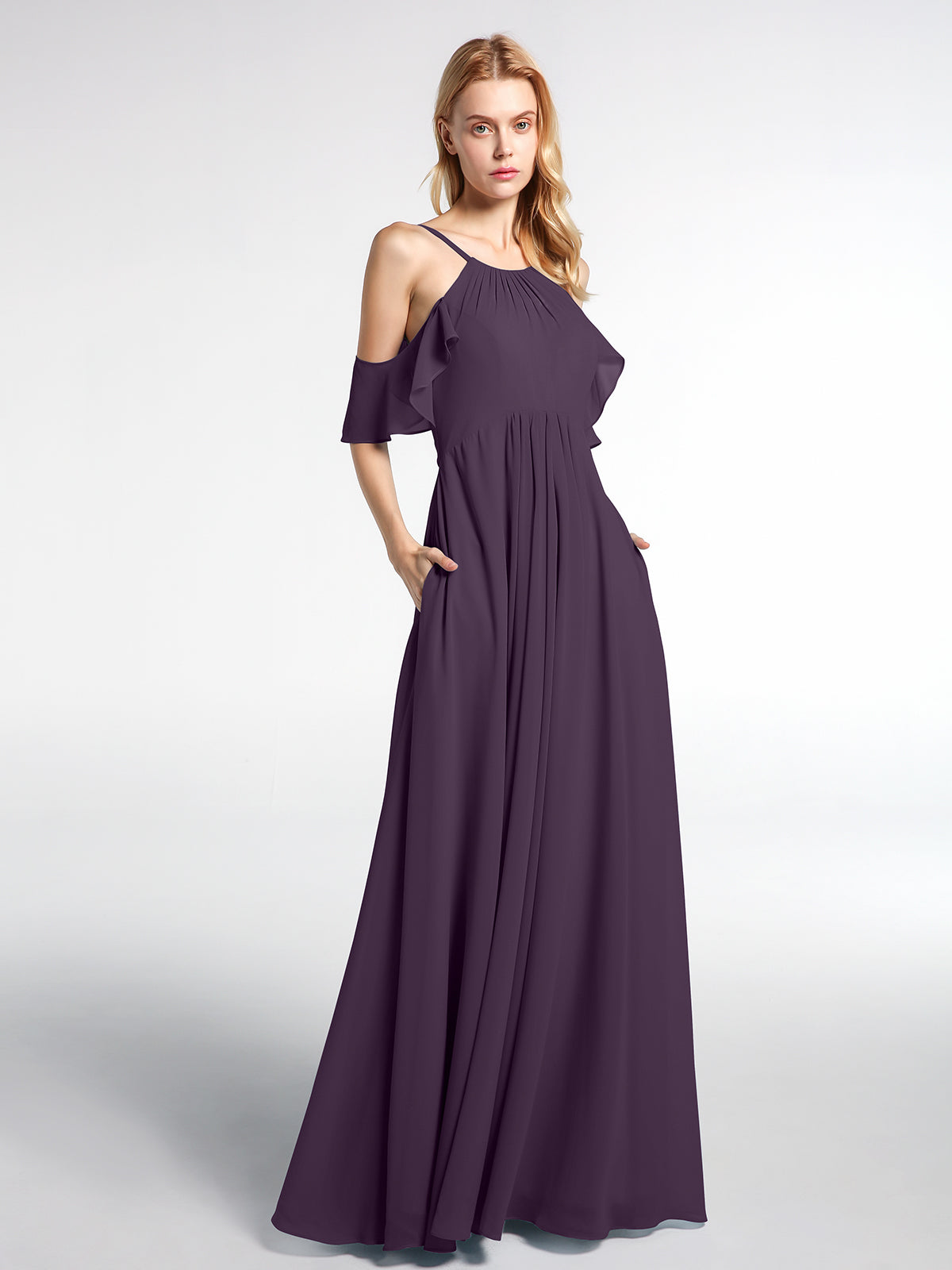 Empire Ruffle-Trimmed Sleeves Spaghetti Strap Dress Plum