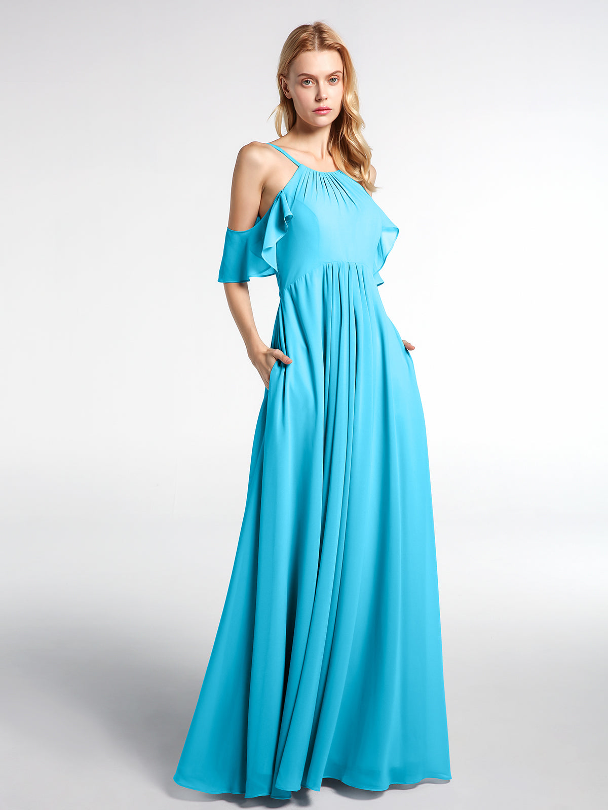 Cold-Shoulder Chiffon Empire Gown with Pockets Terracotta Plus Size