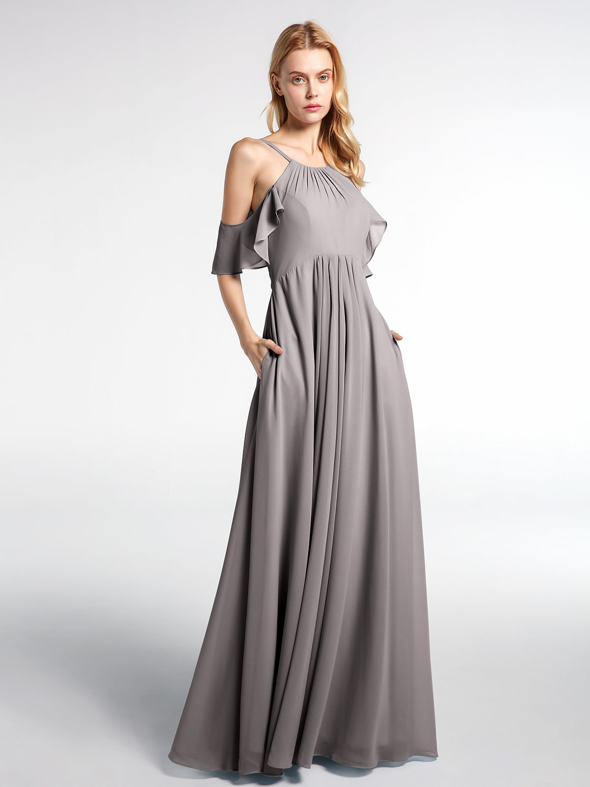 Cold-Shoulder Chiffon Empire Gown with Pockets Candy Pink